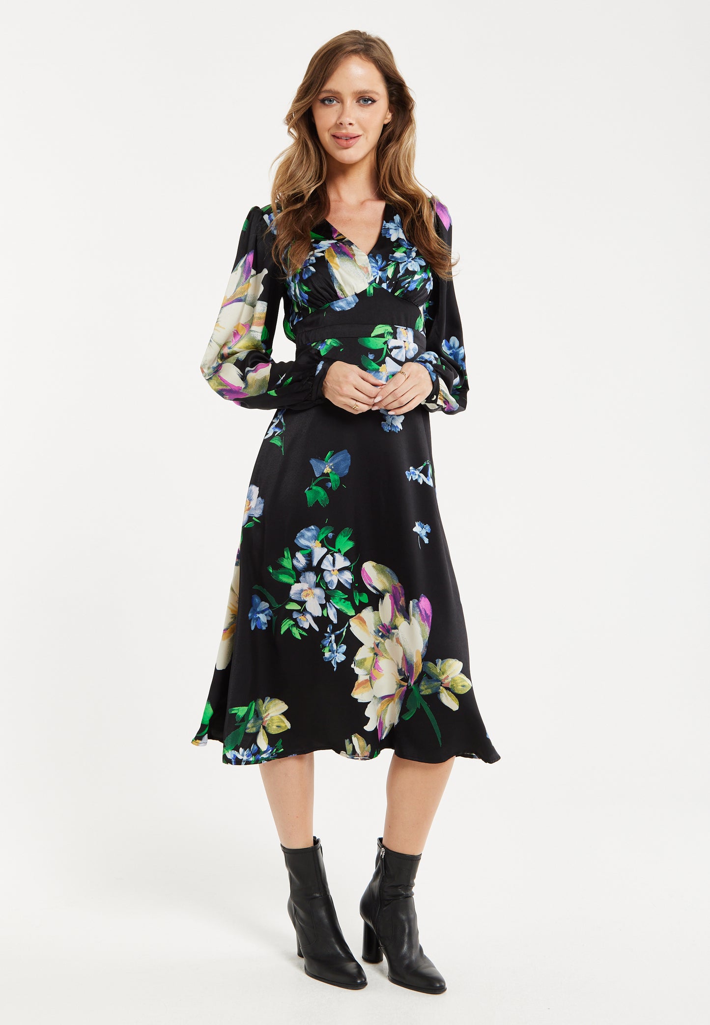 
                  
                    Women's Midi Dress in Black with Long Balloon Sleeves and Elegant Floral Print by Liquorish
                  
                