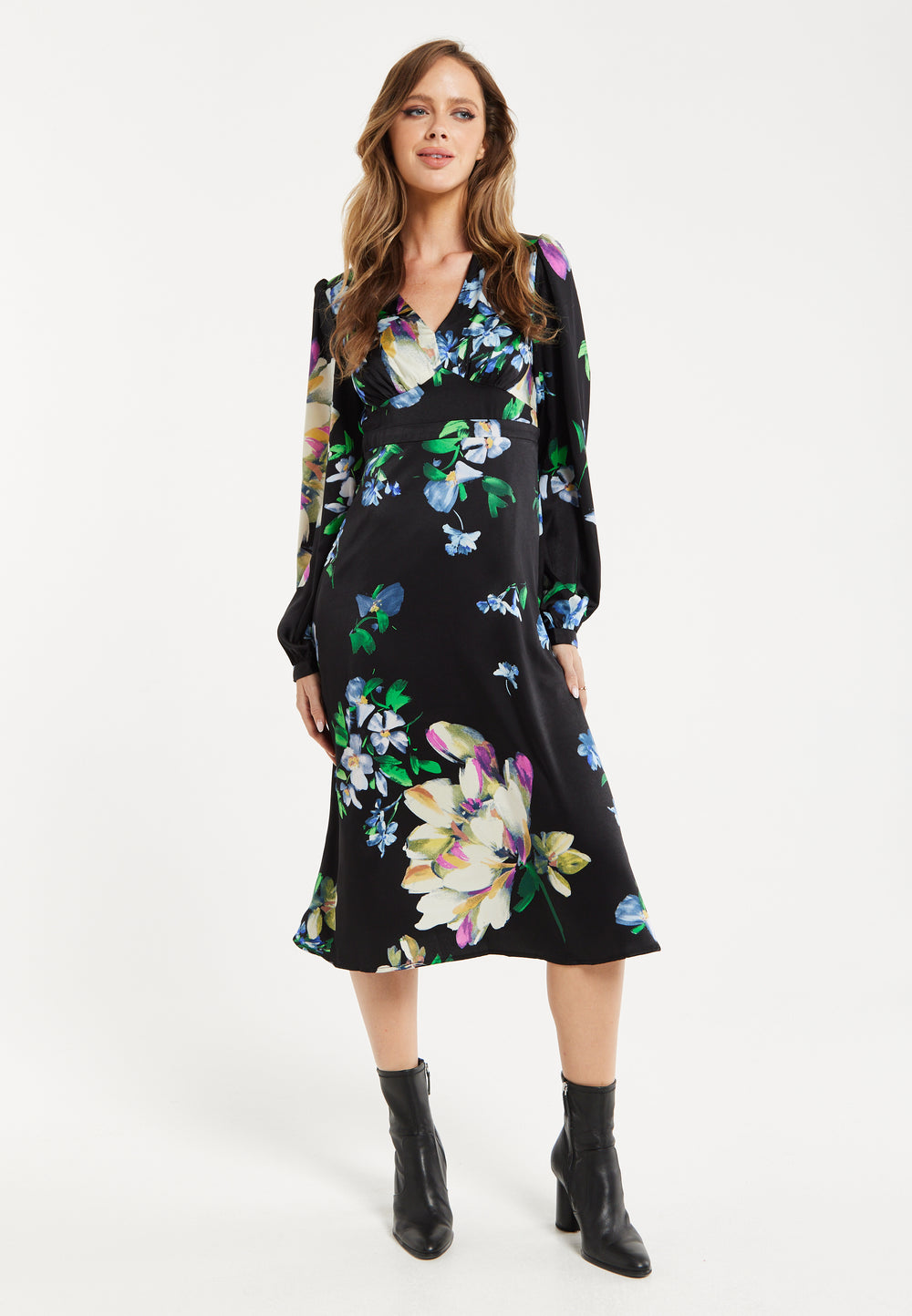 Women's Midi Dress in Black with Long Balloon Sleeves and Elegant Floral Print by Liquorish