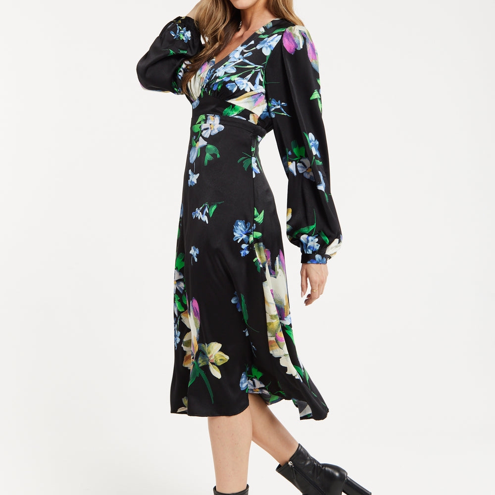 
                  
                    Women's Midi Dress in Black with Long Balloon Sleeves and Elegant Floral Print by Liquorish
                  
                