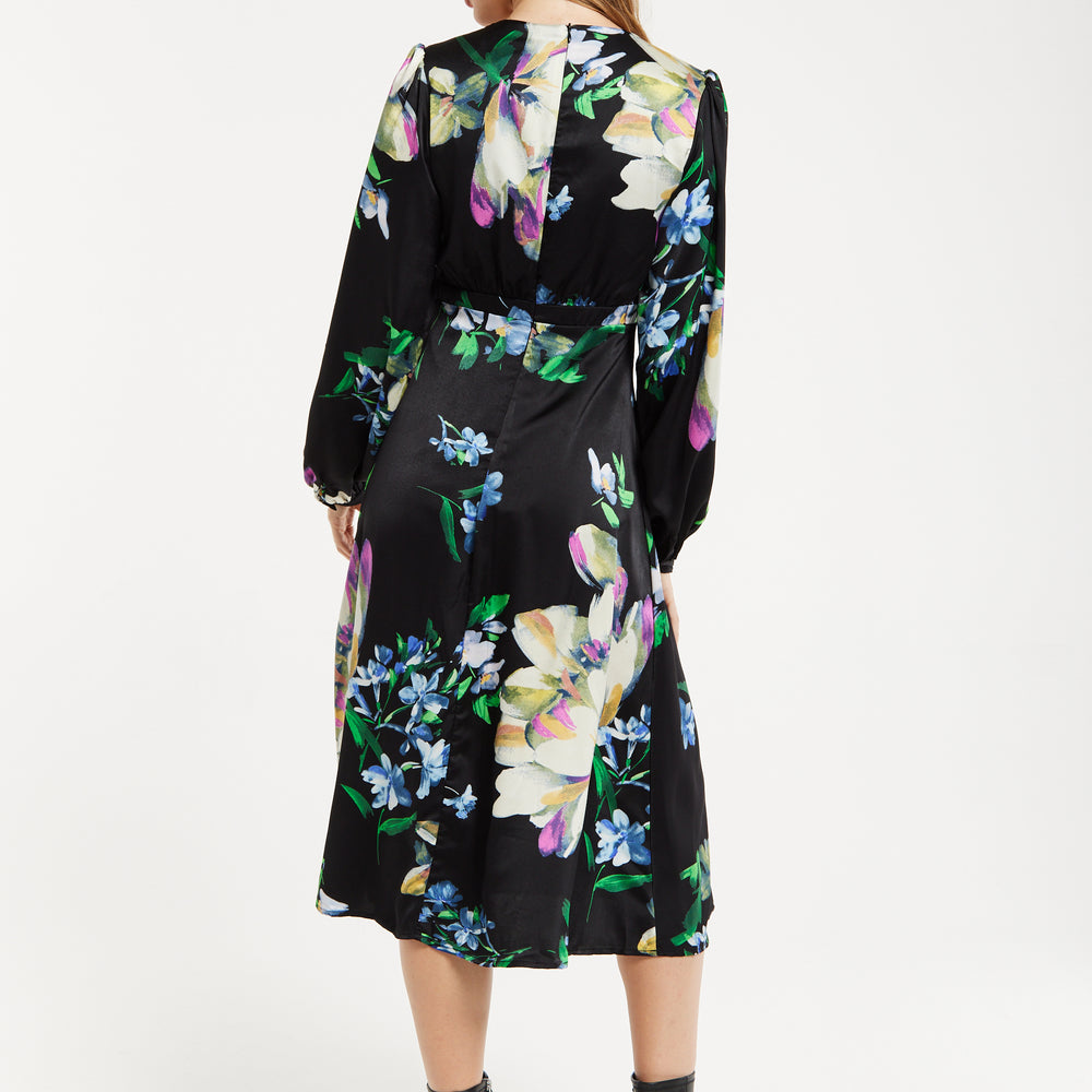 
                  
                    Women's Midi Dress in Black with Long Balloon Sleeves and Elegant Floral Print by Liquorish
                  
                