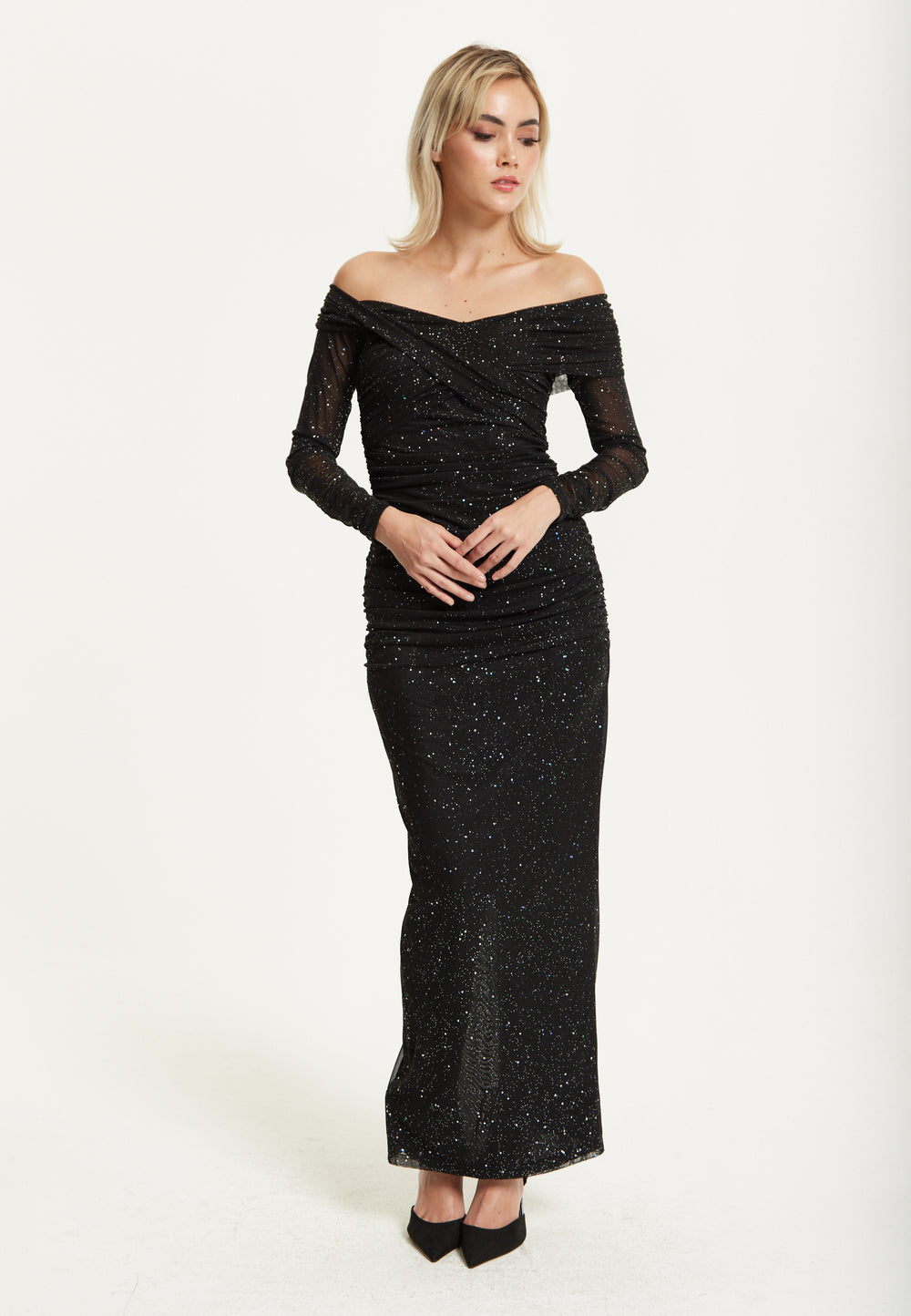 Black Glitter Off Shoulder Maxi Dress