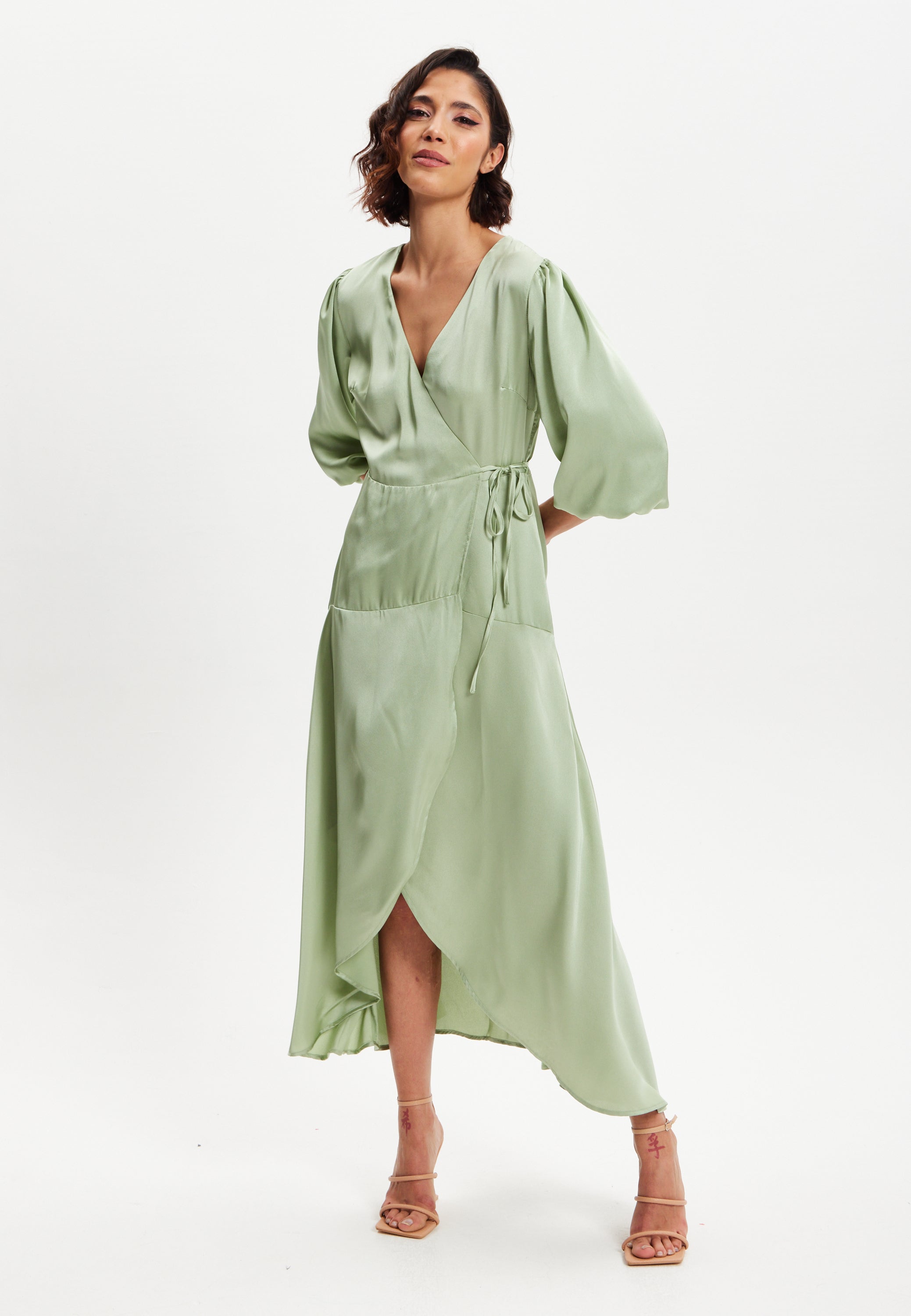 Women's Midi Wrap Dress in Sage Green with Short Puff Sleeves - Elegan Liquorish Online Women's Midi Wrap Dress in Sage Green with Short Puff Sleeves - Elegan Liquorish Online