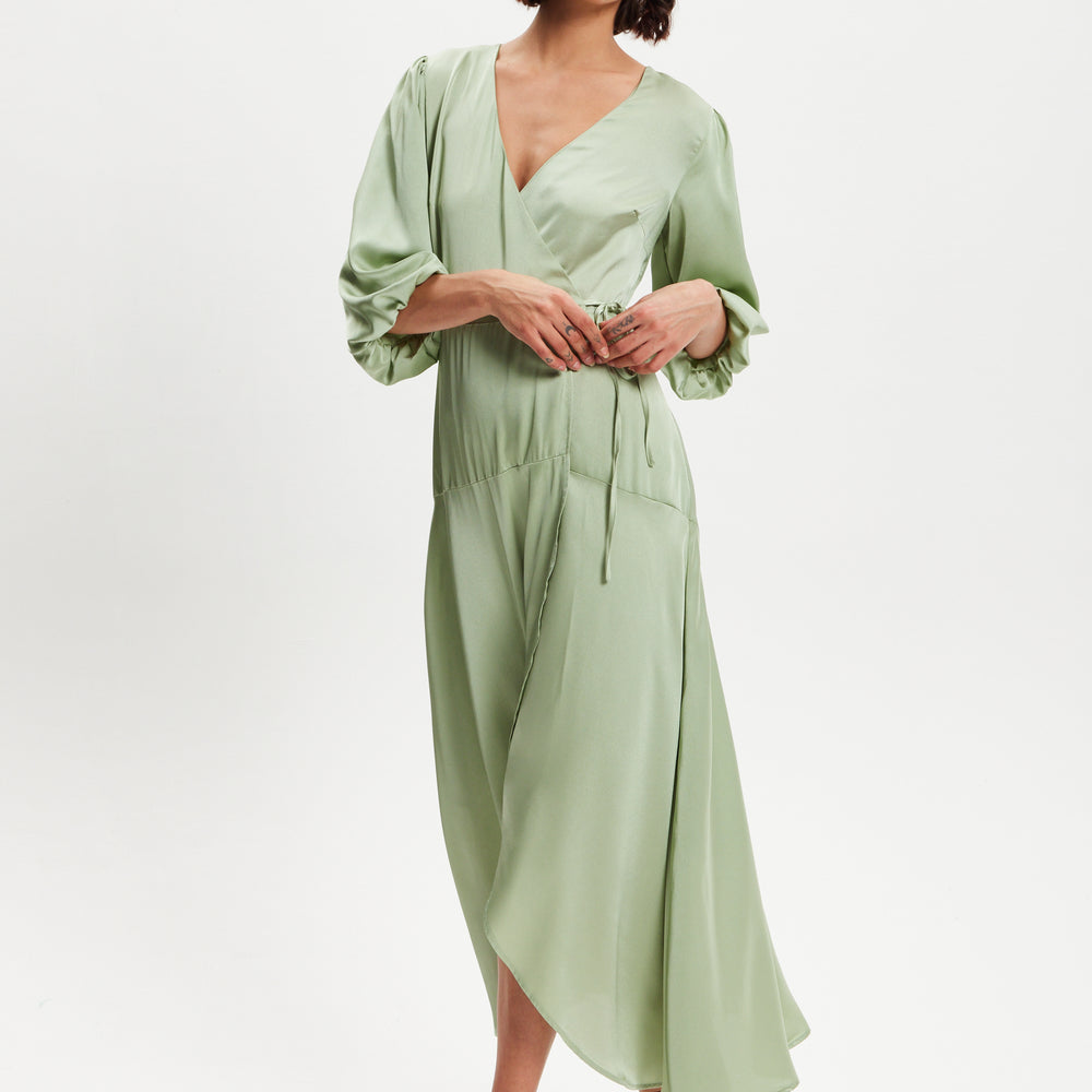 
                  
                    Liquorish Sage Green Midi Wrap Dress With Short Puff Sleeves
                  
                