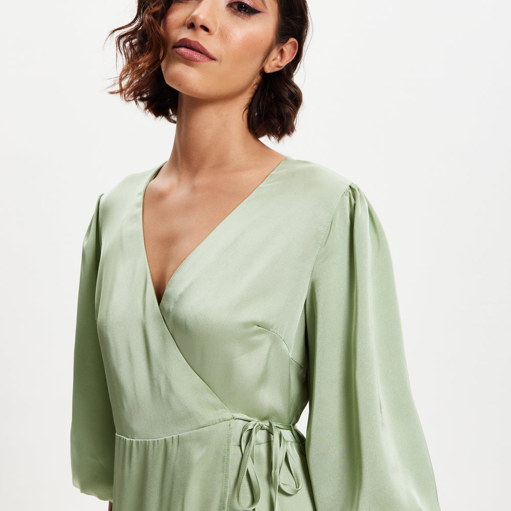 
                  
                    Liquorish Sage Green Midi Wrap Dress With Short Puff Sleeves
                  
                