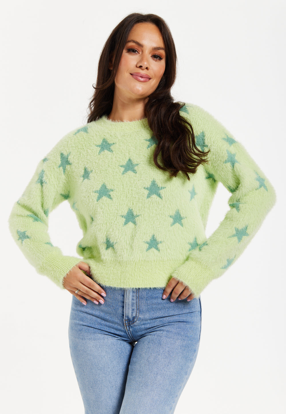 Women's Jumper in Pistachio - Fluffy Long Sleeve with Eye-Catching Star Pattern by Liquorish