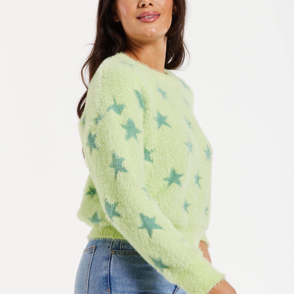 
                  
                    Women's Jumper in Pistachio - Fluffy Long Sleeve with Eye-Catching Star Pattern by Liquorish
                  
                