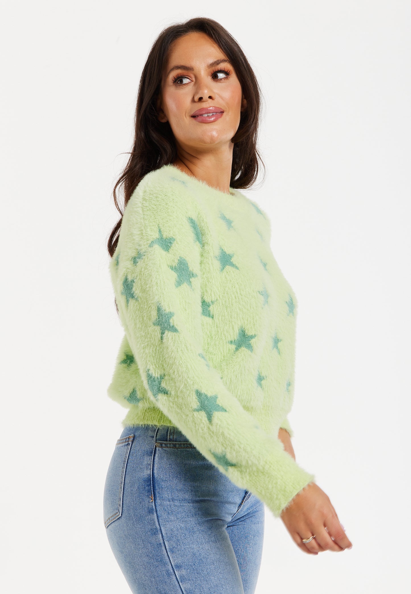 
                  
                    Women's Jumper in Pistachio - Fluffy Long Sleeve with Eye-Catching Star Pattern by Liquorish
                  
                