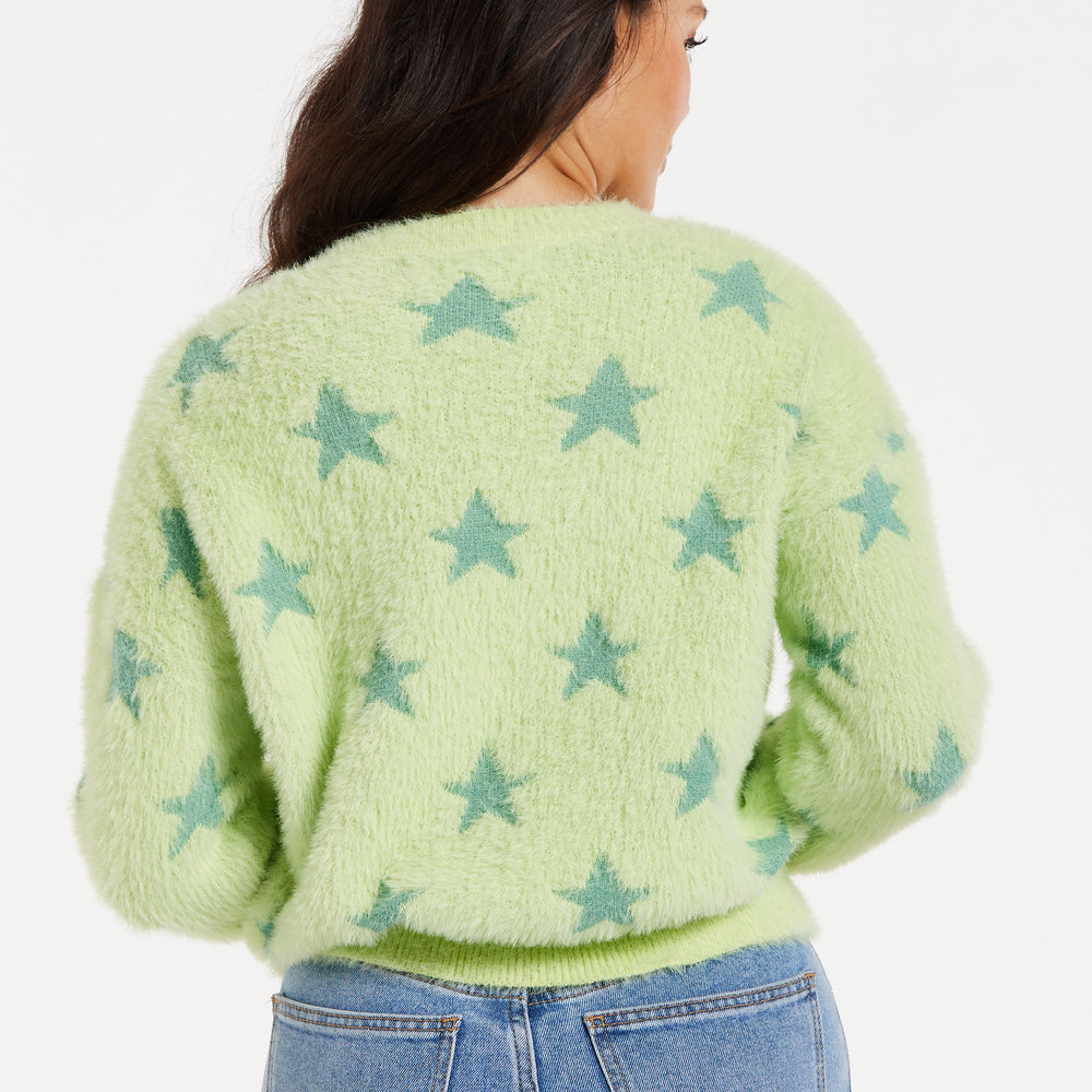 
                  
                    Women's Jumper in Pistachio - Fluffy Long Sleeve with Eye-Catching Star Pattern by Liquorish
                  
                