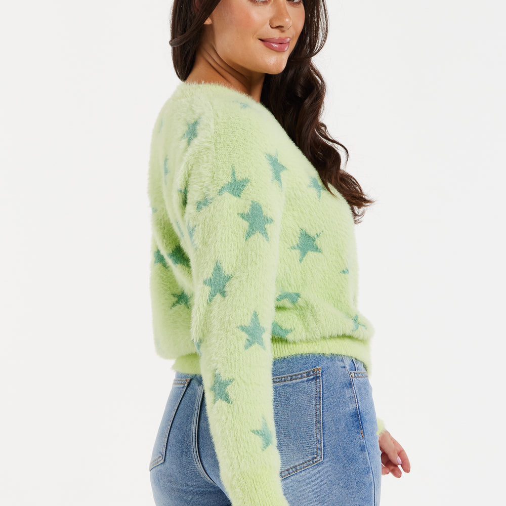 
                  
                    Women's Jumper in Pistachio - Fluffy Long Sleeve with Eye-Catching Star Pattern by Liquorish
                  
                