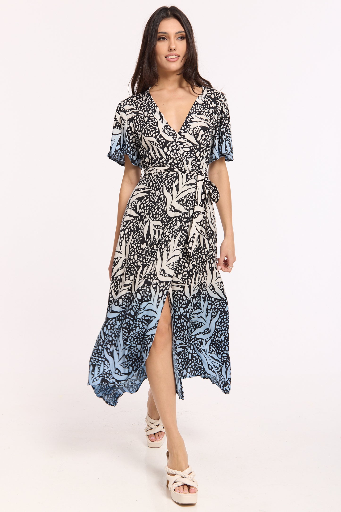 liquorish a line lace detail midi dress in floral print Total Crush Teal Floral Print Mesh Lace-Up Midi Dress
