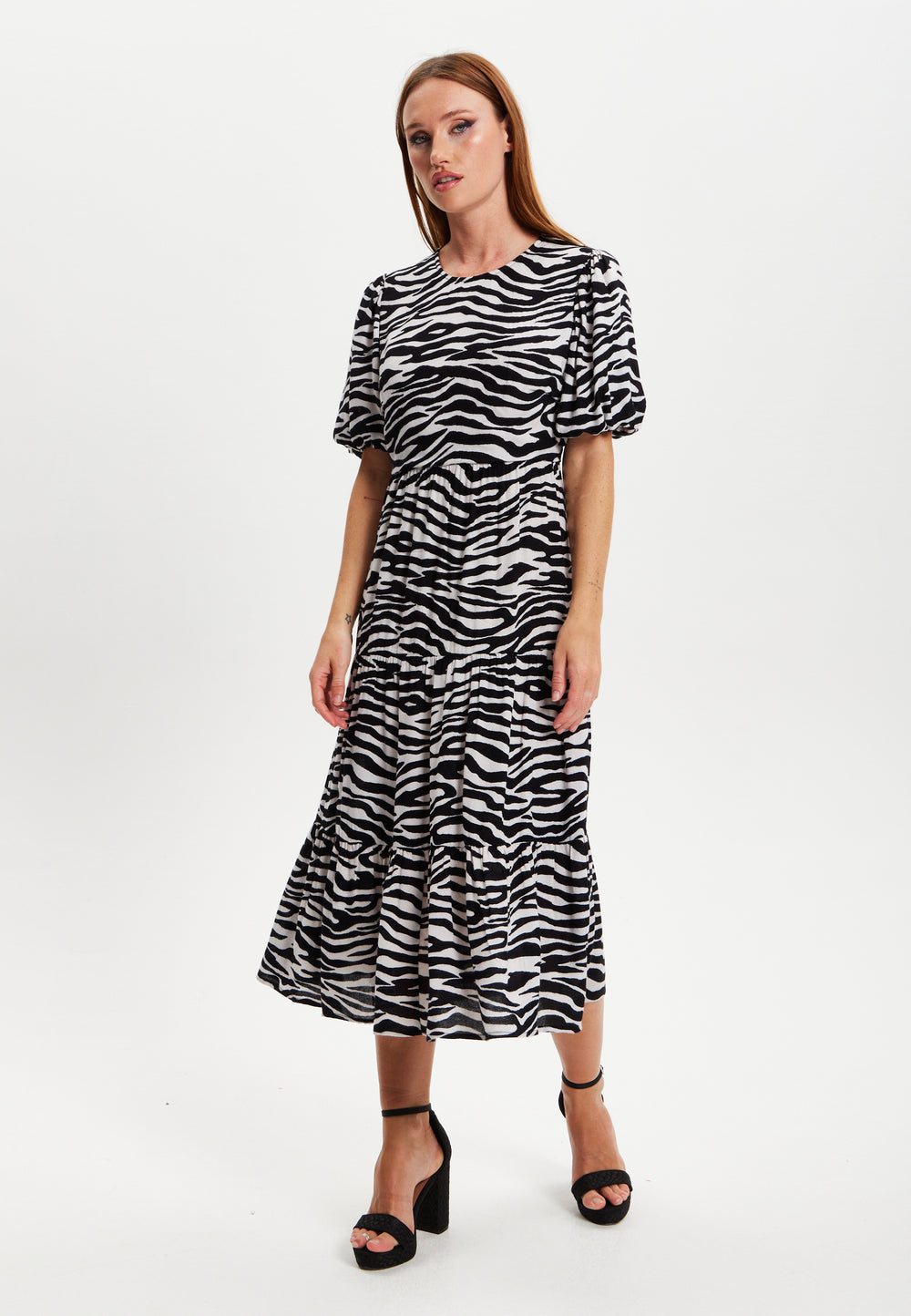 Liquorish Zebra Printed Open Back Viscose Midi Dress