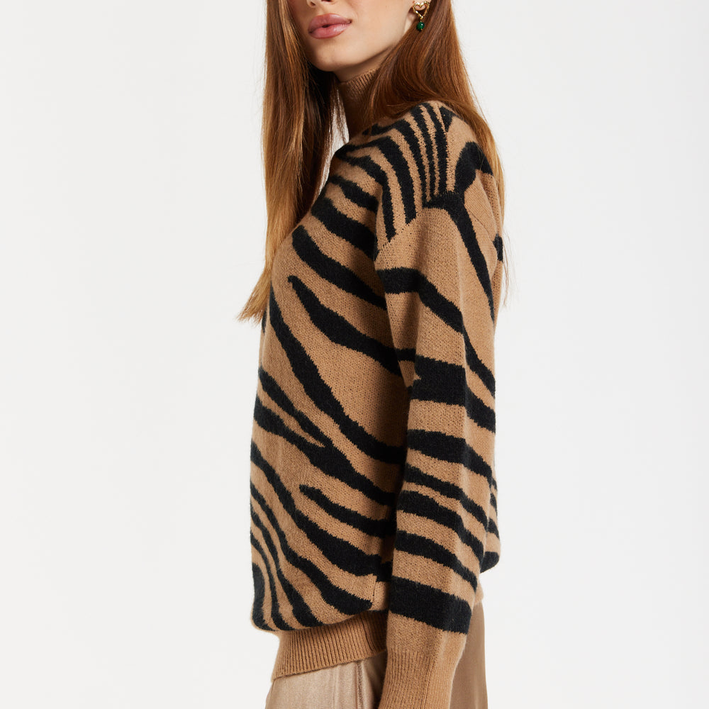 
                  
                    Women's Brown and Black Zebra Pattern High Neck Jumper with Long Sleeves and Relaxed Fit
                  
                