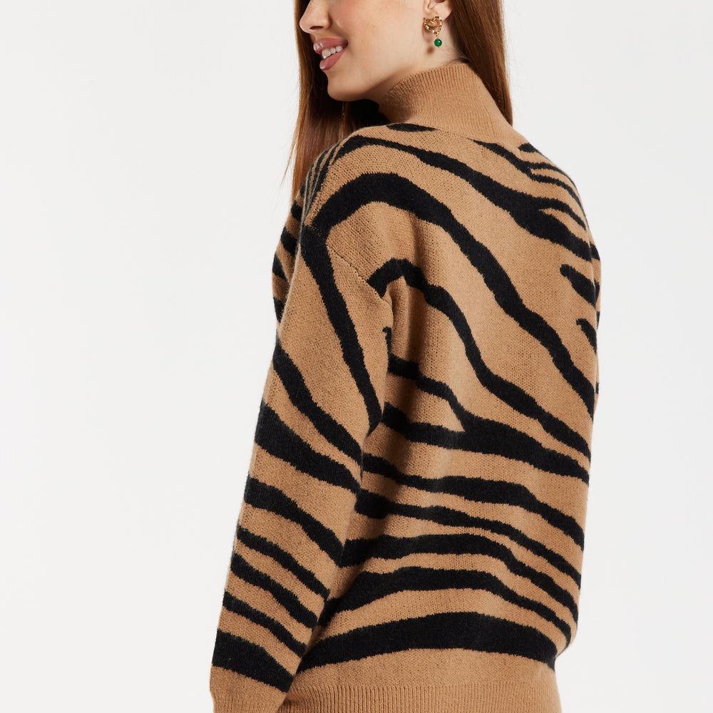 
                  
                    Women's Brown and Black Zebra Pattern High Neck Jumper with Long Sleeves and Relaxed Fit
                  
                