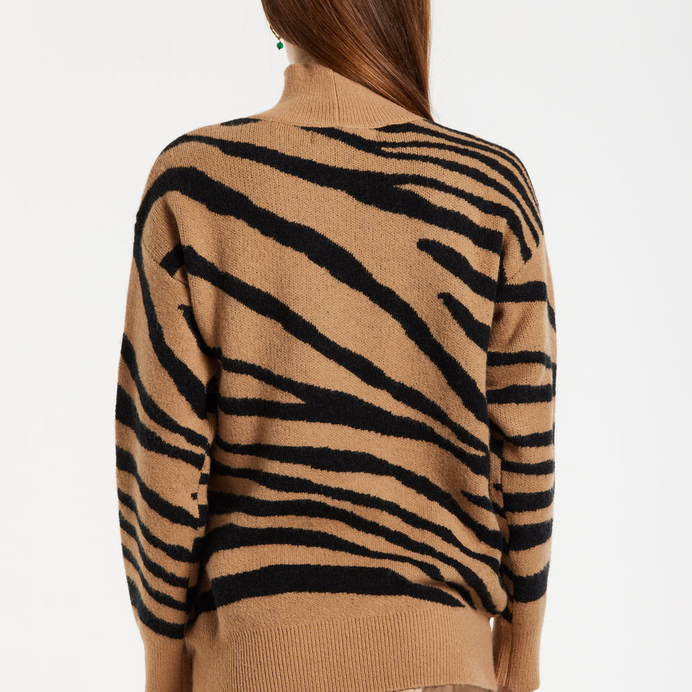 
                  
                    Women's Brown and Black Zebra Pattern High Neck Jumper with Long Sleeves and Relaxed Fit
                  
                