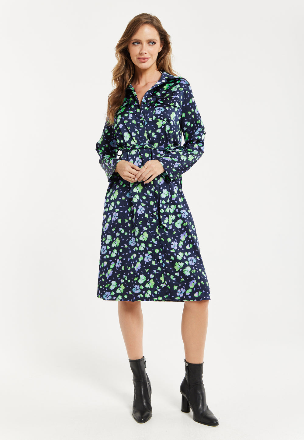 Liquorish Floral Print Shirt Dress In Multicolour & Navy