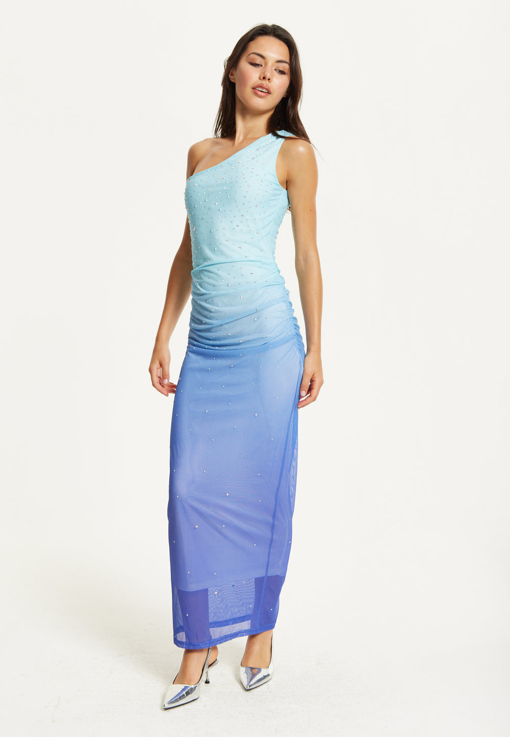 Ombre Blue One Shoulder Maxi Dress