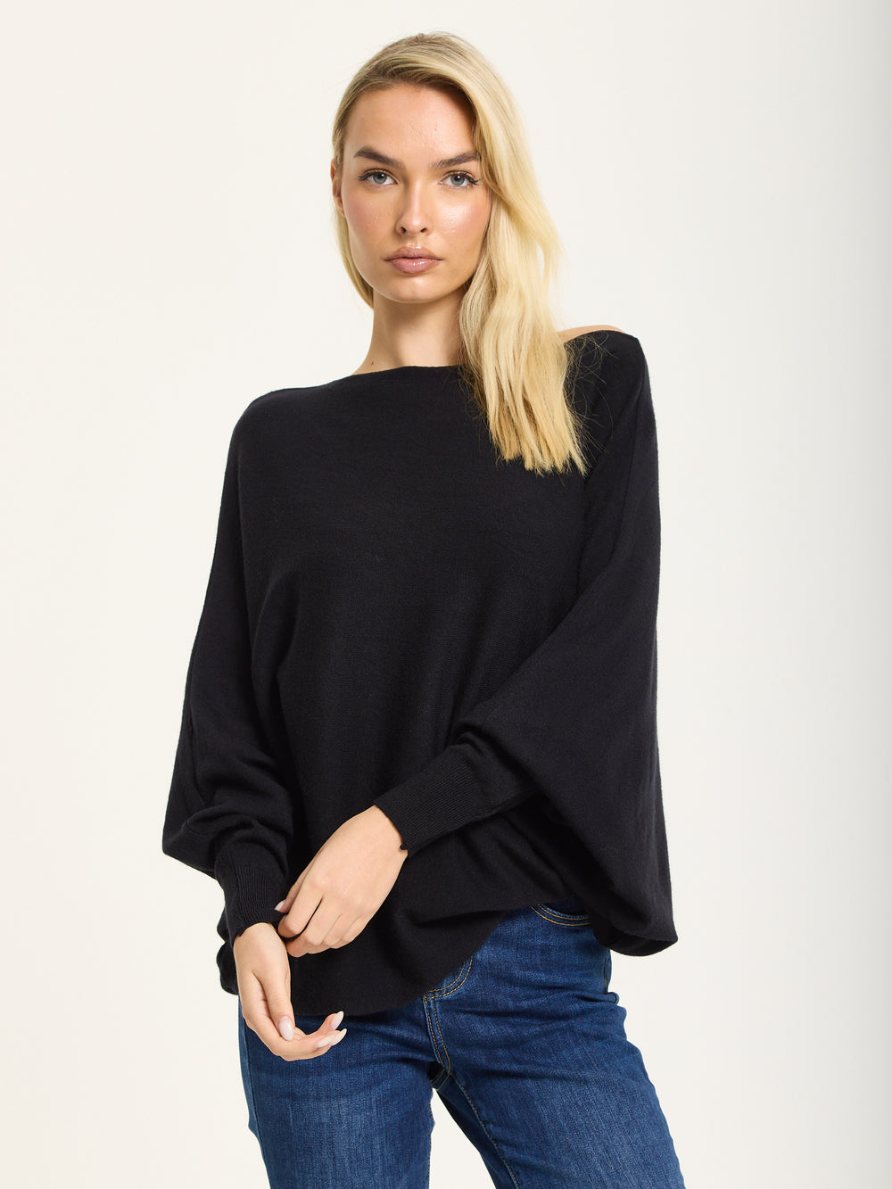 Black Wool Blend Batwing Knit Jumper