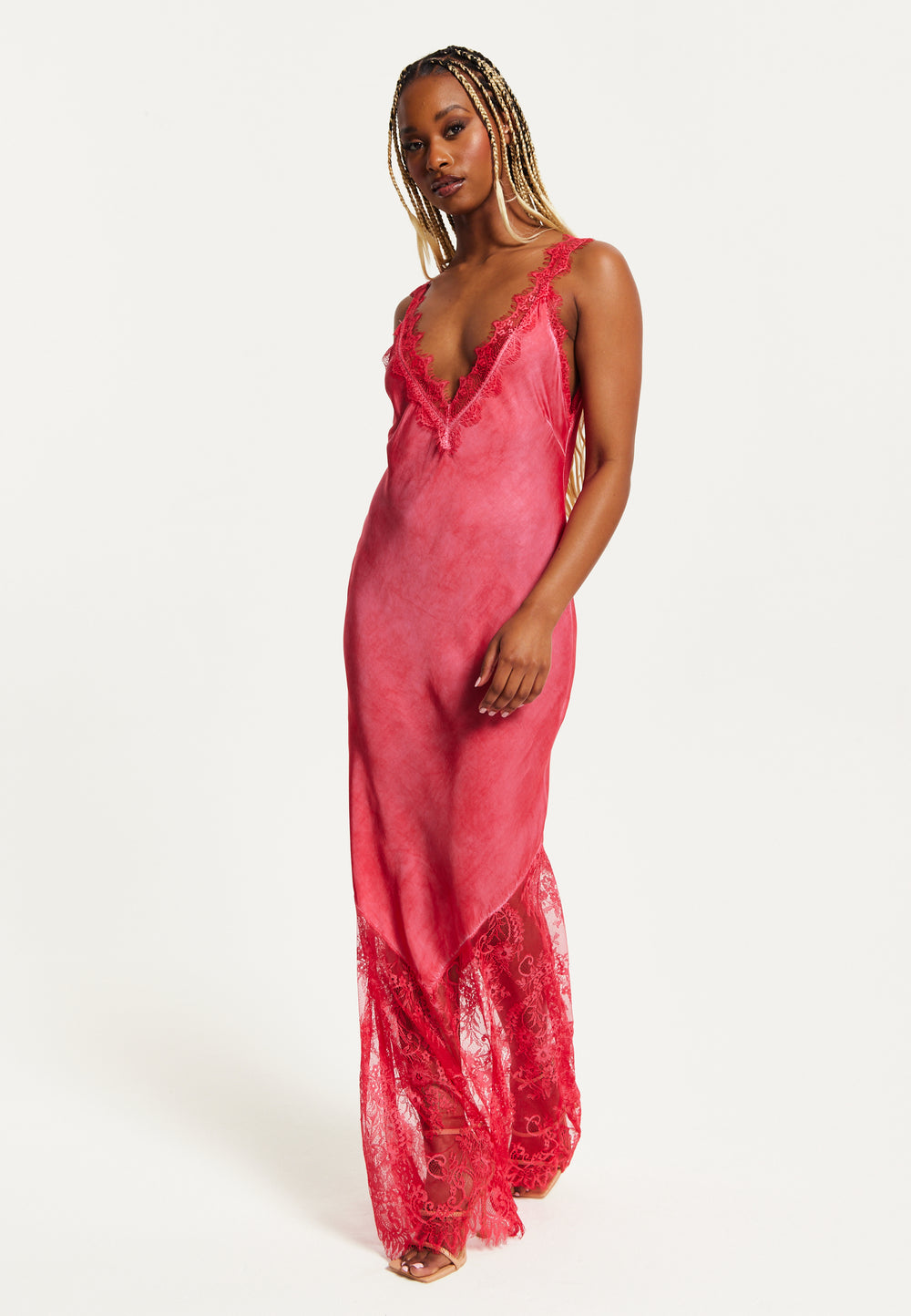 Women's Maxi Dress with Lace Detail and Deep V-Neck in Red, Regular to Liquorish Online Women's Maxi Dress with Lace Detail and Deep V-Neck in Red, Regular to Liquorish Online