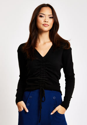 Liquorish V-Neck Top with Ruching Detail in Black