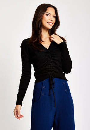 Liquorish V-Neck Top with Ruching Detail in Black