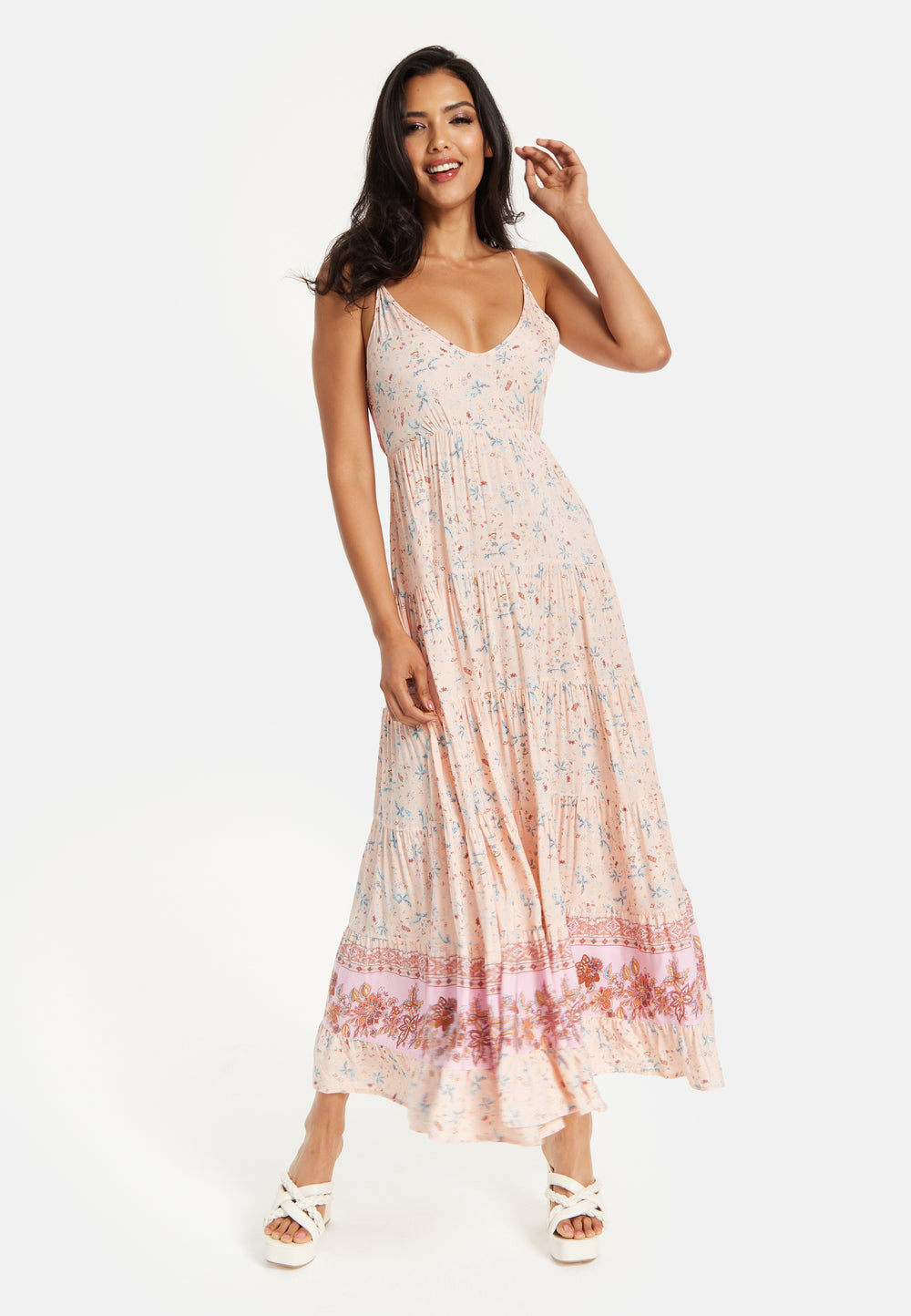 Women's Maxi Dress in Nude Floral Print with Sleeveless Design and Tie Back Detail - Liquorish