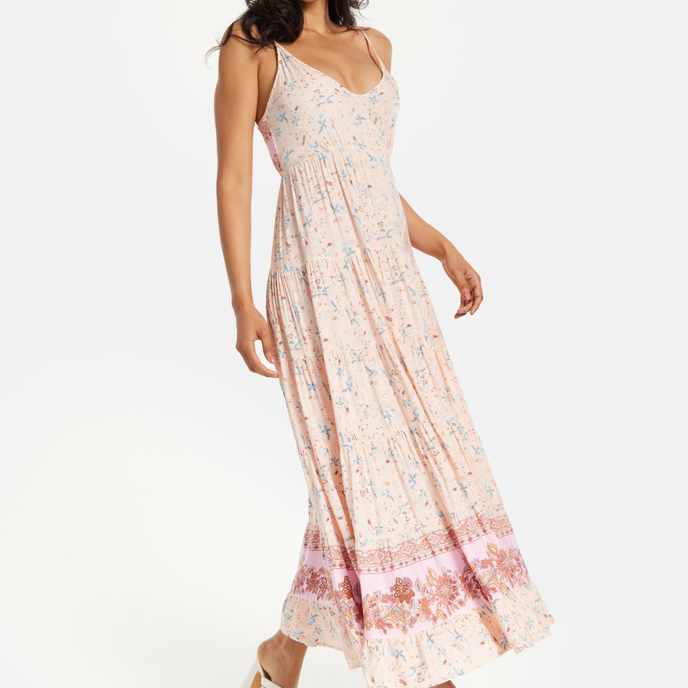 
                  
                    Women's Maxi Dress in Nude Floral Print with Sleeveless Design and Tie Back Detail - Liquorish
                  
                