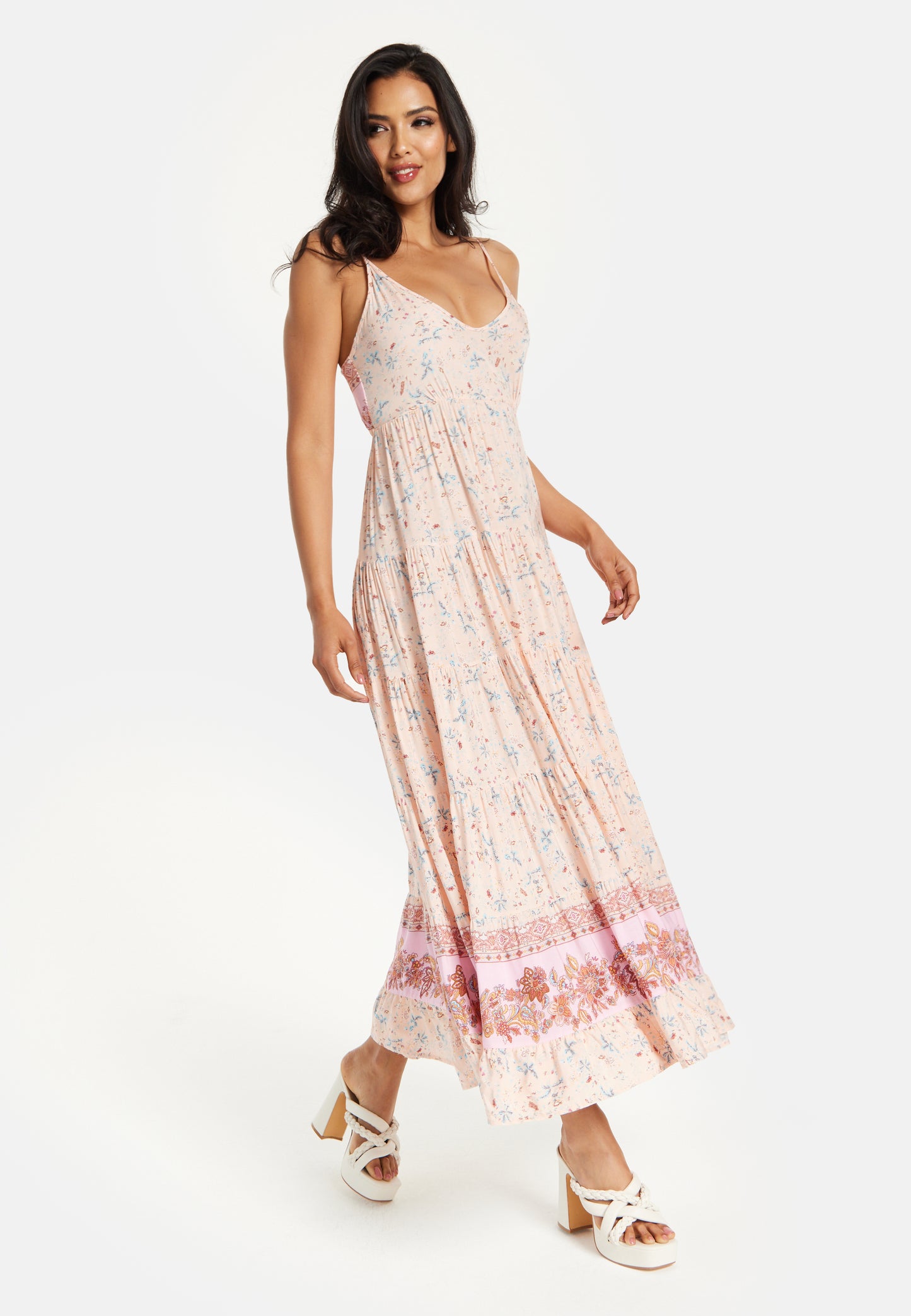 
                  
                    Women's Maxi Dress in Nude Floral Print with Sleeveless Design and Tie Back Detail - Liquorish
                  
                