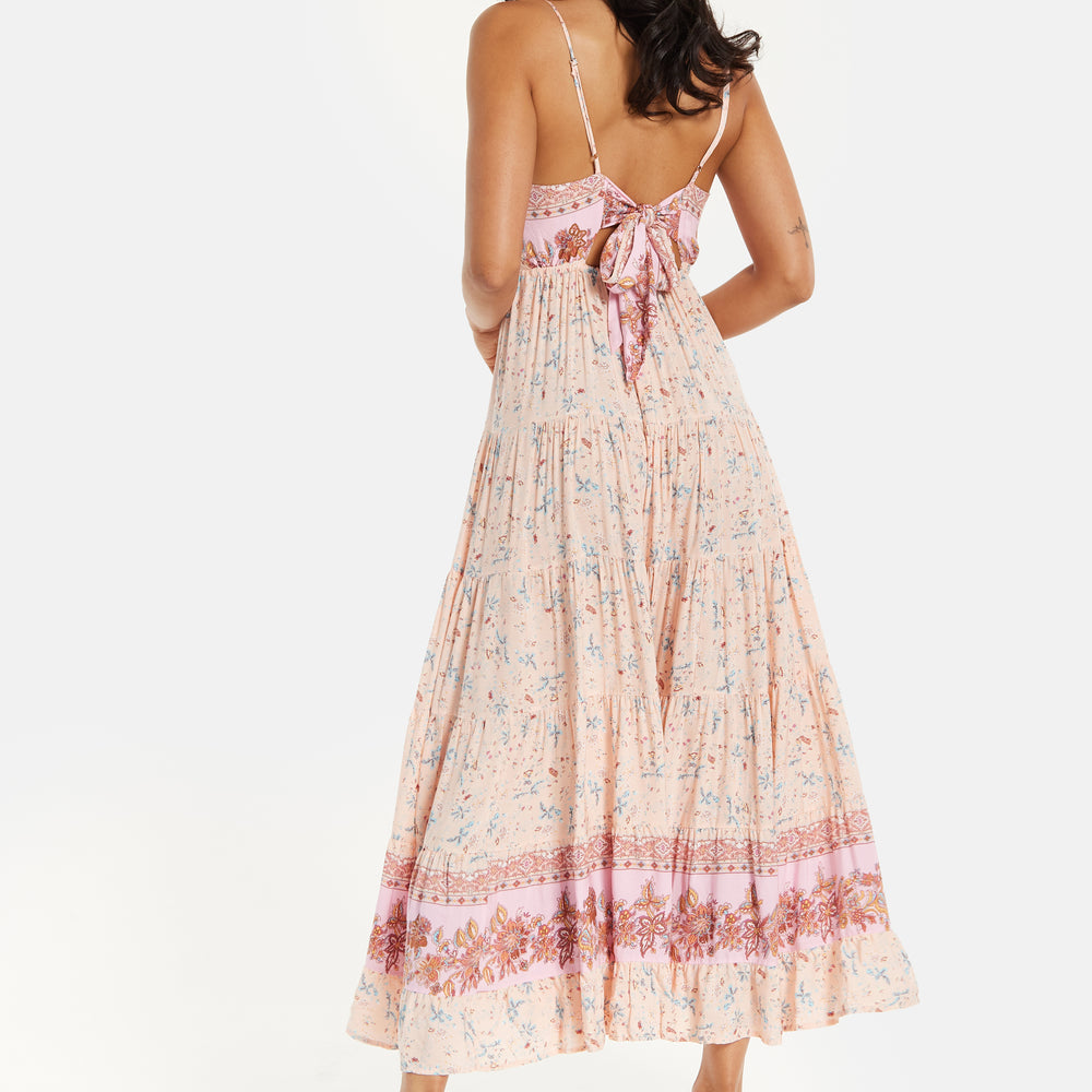 
                  
                    Women's Maxi Dress in Nude Floral Print with Sleeveless Design and Tie Back Detail - Liquorish
                  
                