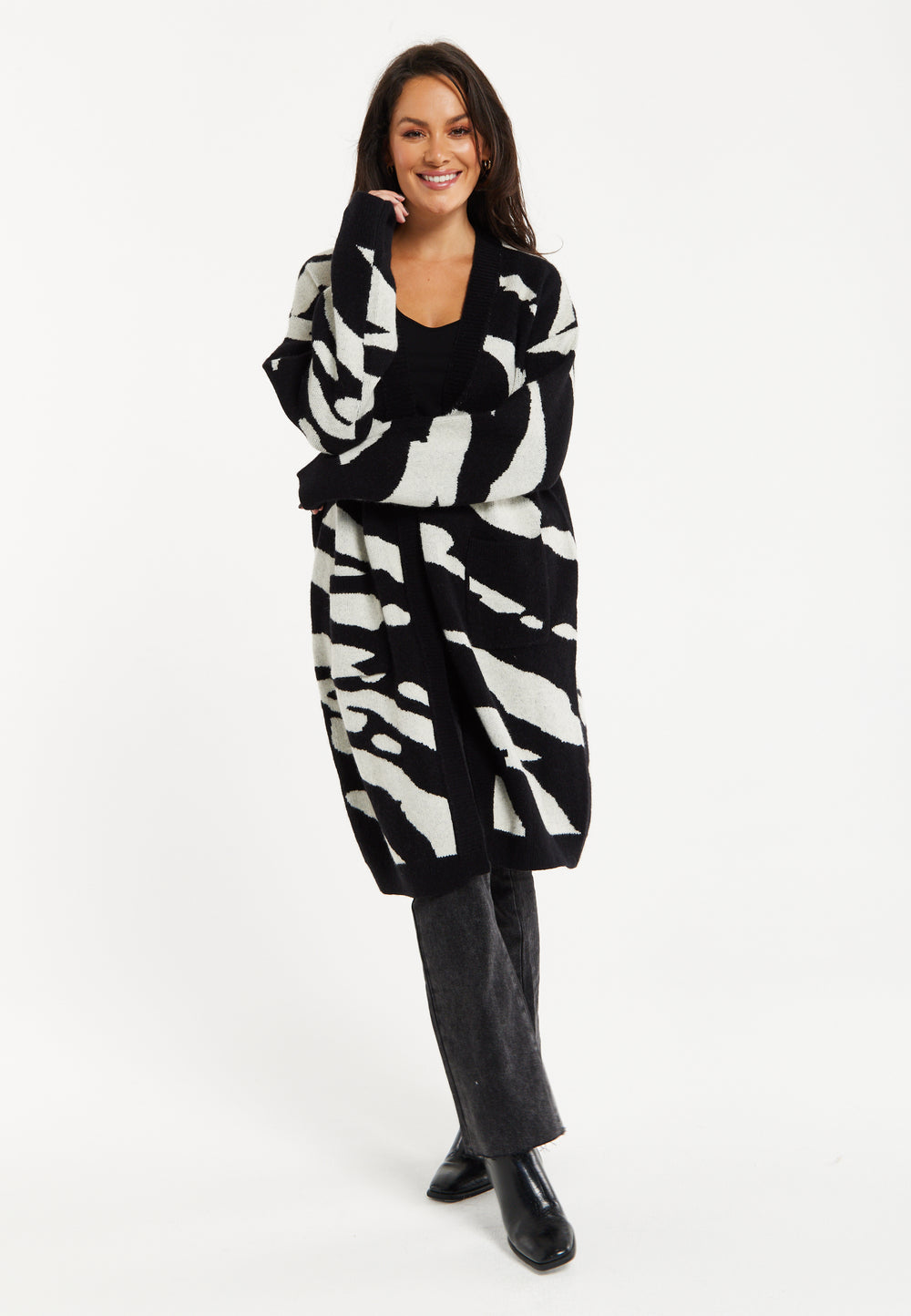 Liquorish Zebra-Print Long Open Cardigan in Multi-colured