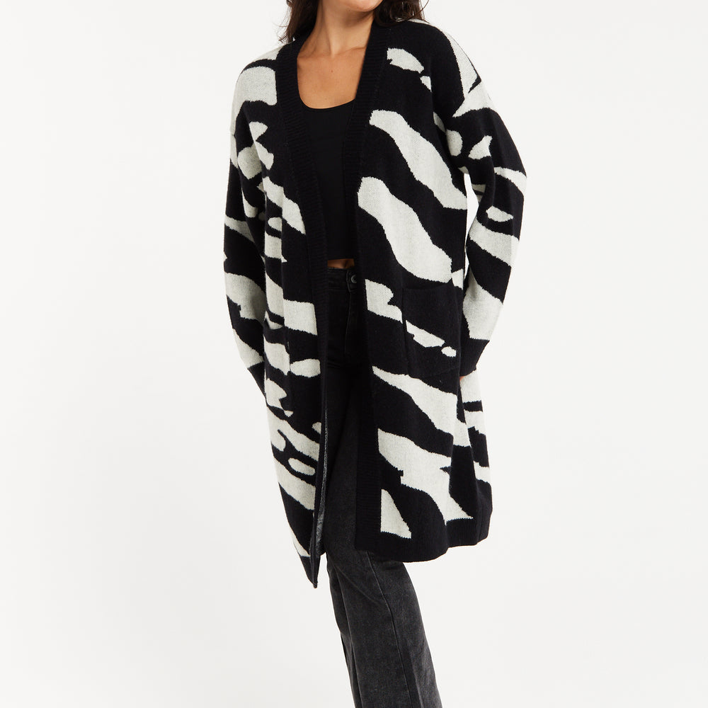 
                  
                    Liquorish Zebra-Print Long Open Cardigan in Multi-colured
                  
                