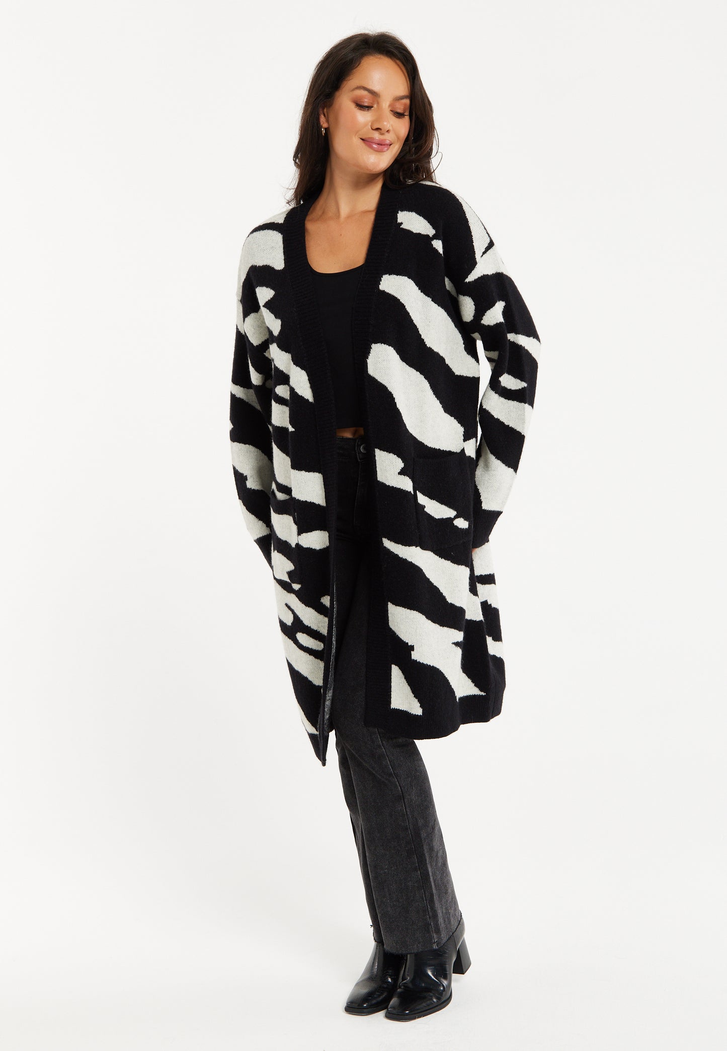 
                  
                    Liquorish Zebra-Print Long Open Cardigan in Multi-colured
                  
                