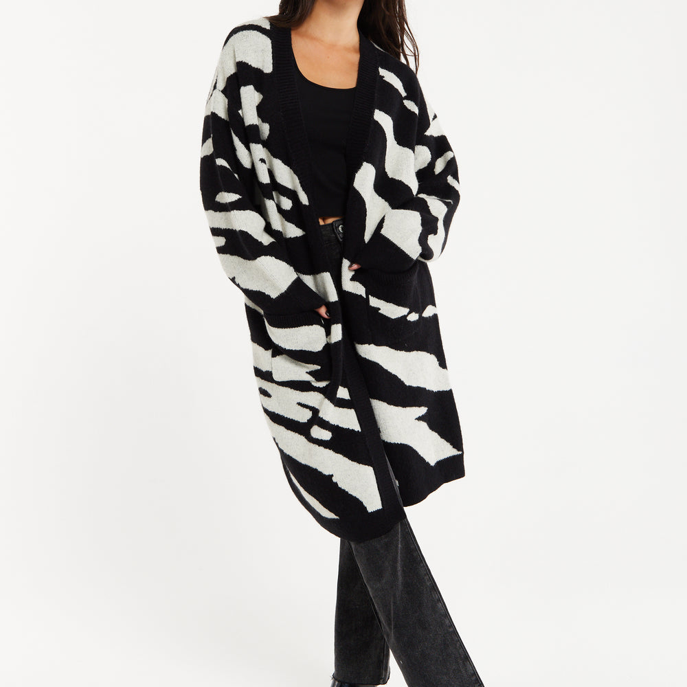 
                  
                    Liquorish Zebra-Print Long Open Cardigan in Multi-colured
                  
                