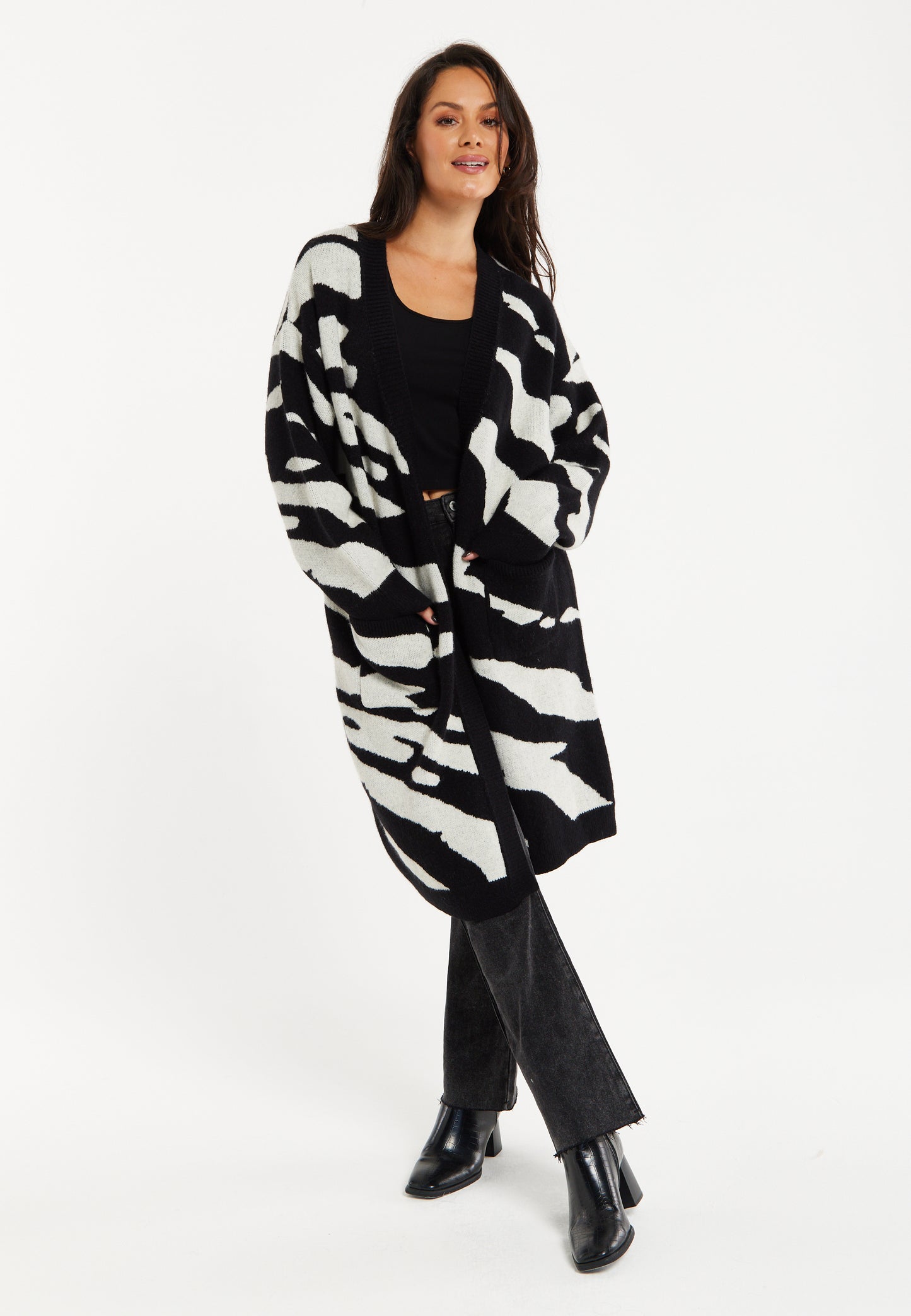 
                  
                    Liquorish Zebra-Print Long Open Cardigan in Multi-colured
                  
                