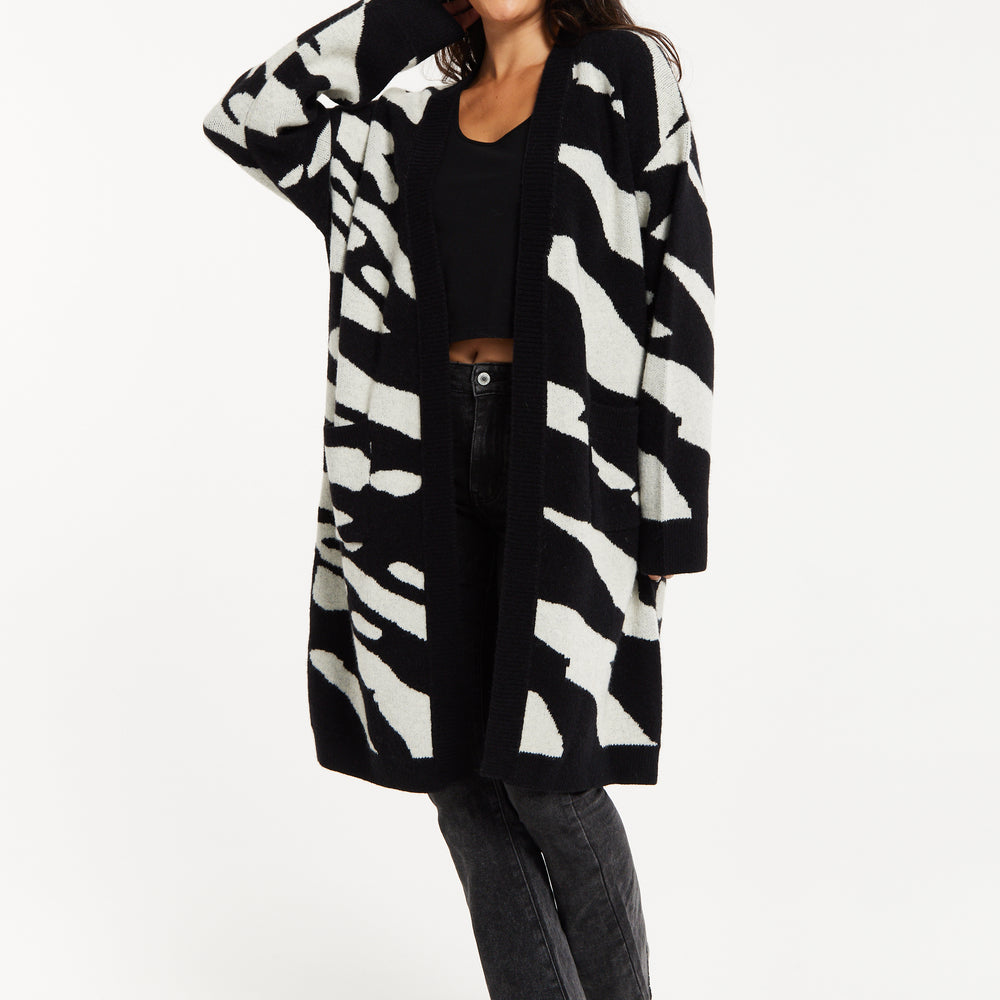 
                  
                    Liquorish Zebra-Print Long Open Cardigan in Multi-colured
                  
                