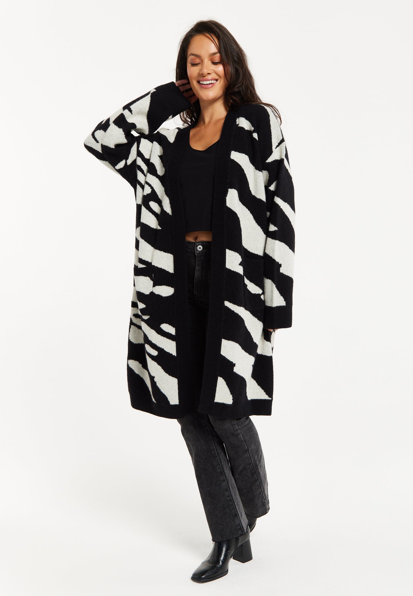 
                  
                    Liquorish Zebra-Print Long Open Cardigan in Multi-colured
                  
                