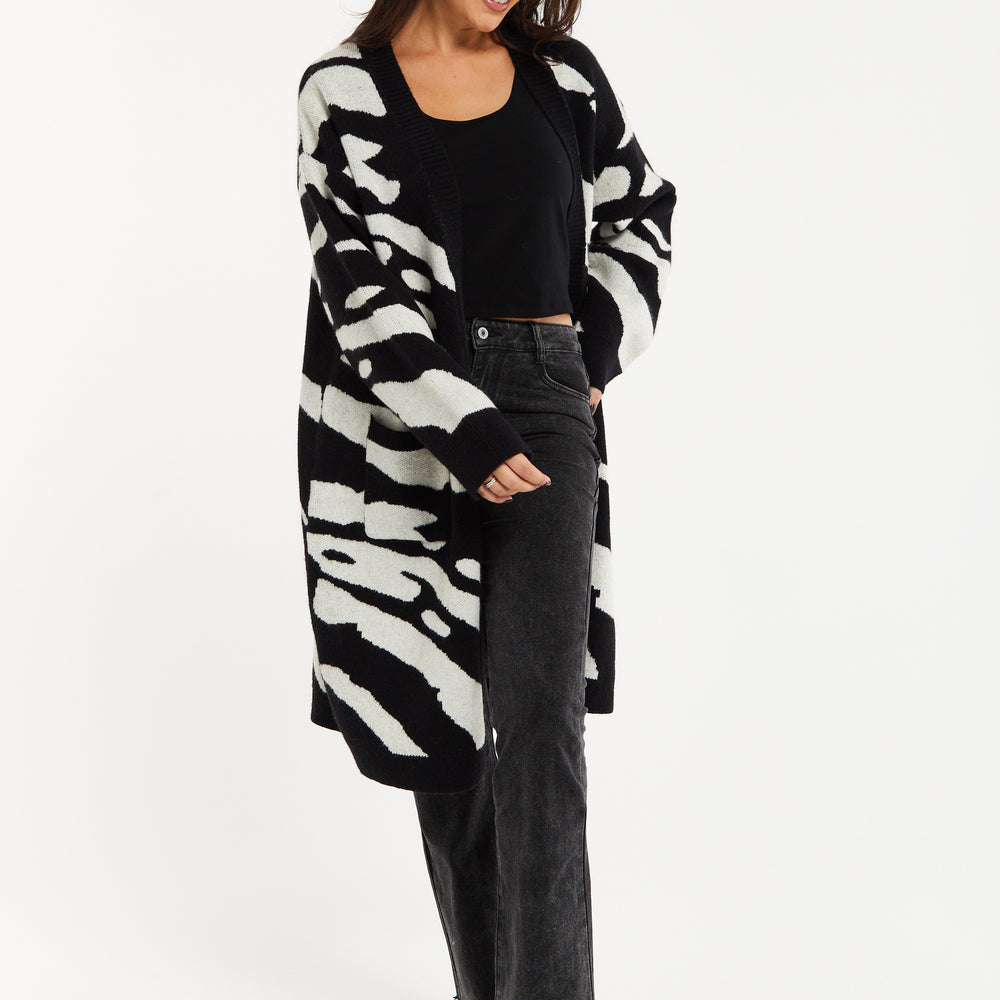 
                  
                    Liquorish Zebra-Print Long Open Cardigan in Multi-colured
                  
                