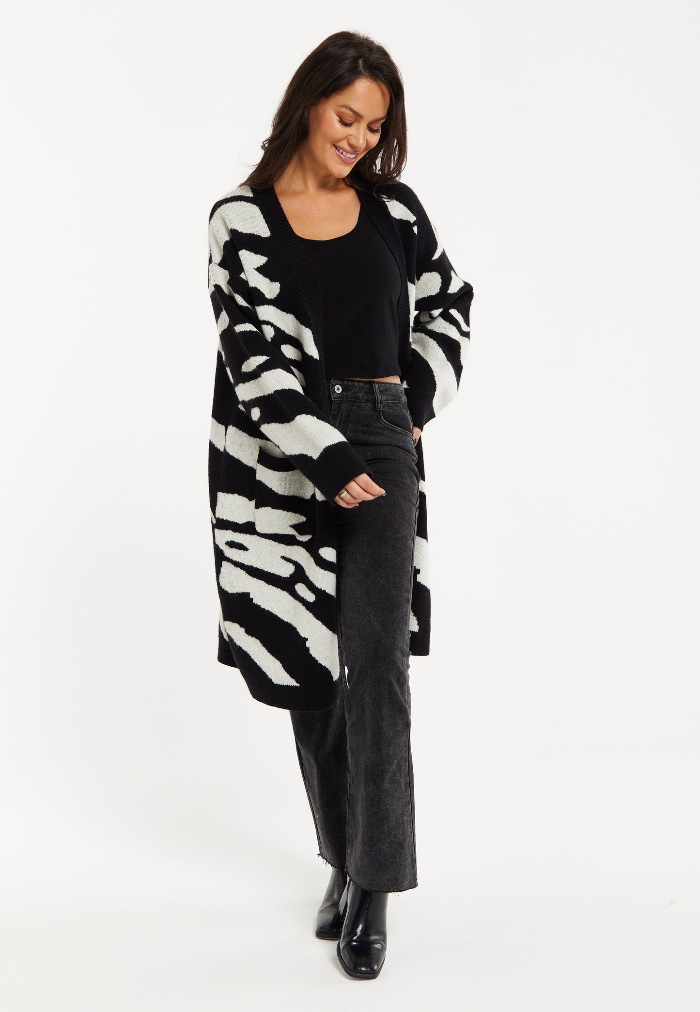 
                  
                    Liquorish Zebra-Print Long Open Cardigan in Multi-colured
                  
                