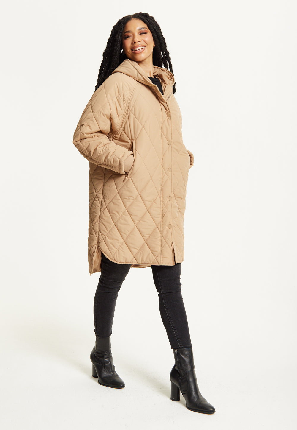 Beige Quilted Hooded Coat