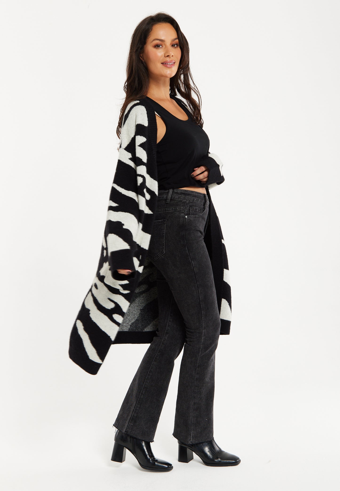 
                  
                    Liquorish Zebra-Print Long Open Cardigan in Multi-colured
                  
                