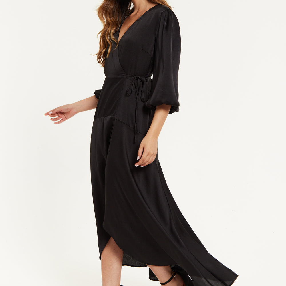 
                  
                    Black Midi Wrap Dress With Puff Sleeves
                  
                