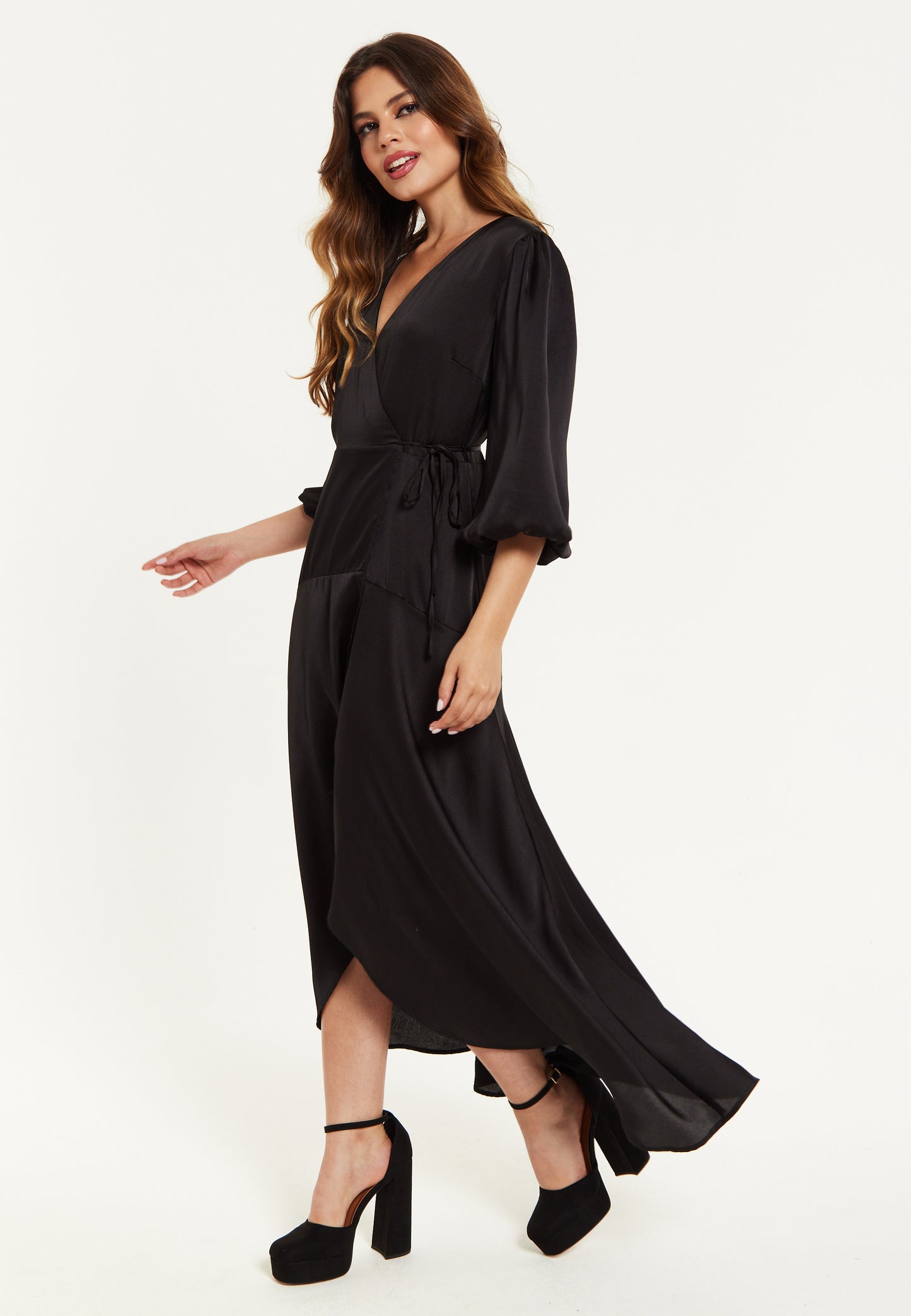 
                  
                    Black Midi Wrap Dress With Puff Sleeves
                  
                