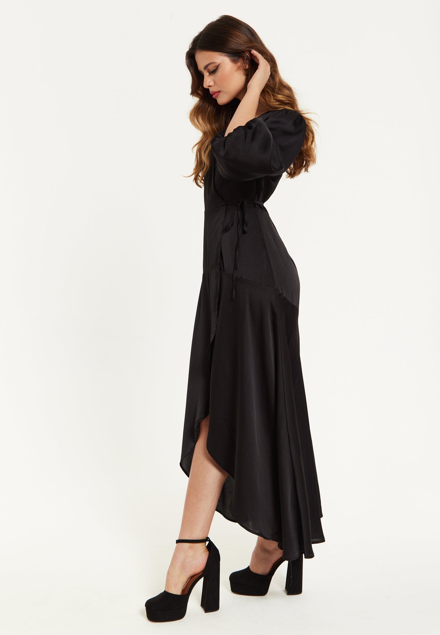 
                  
                    Black Midi Wrap Dress With Puff Sleeves
                  
                