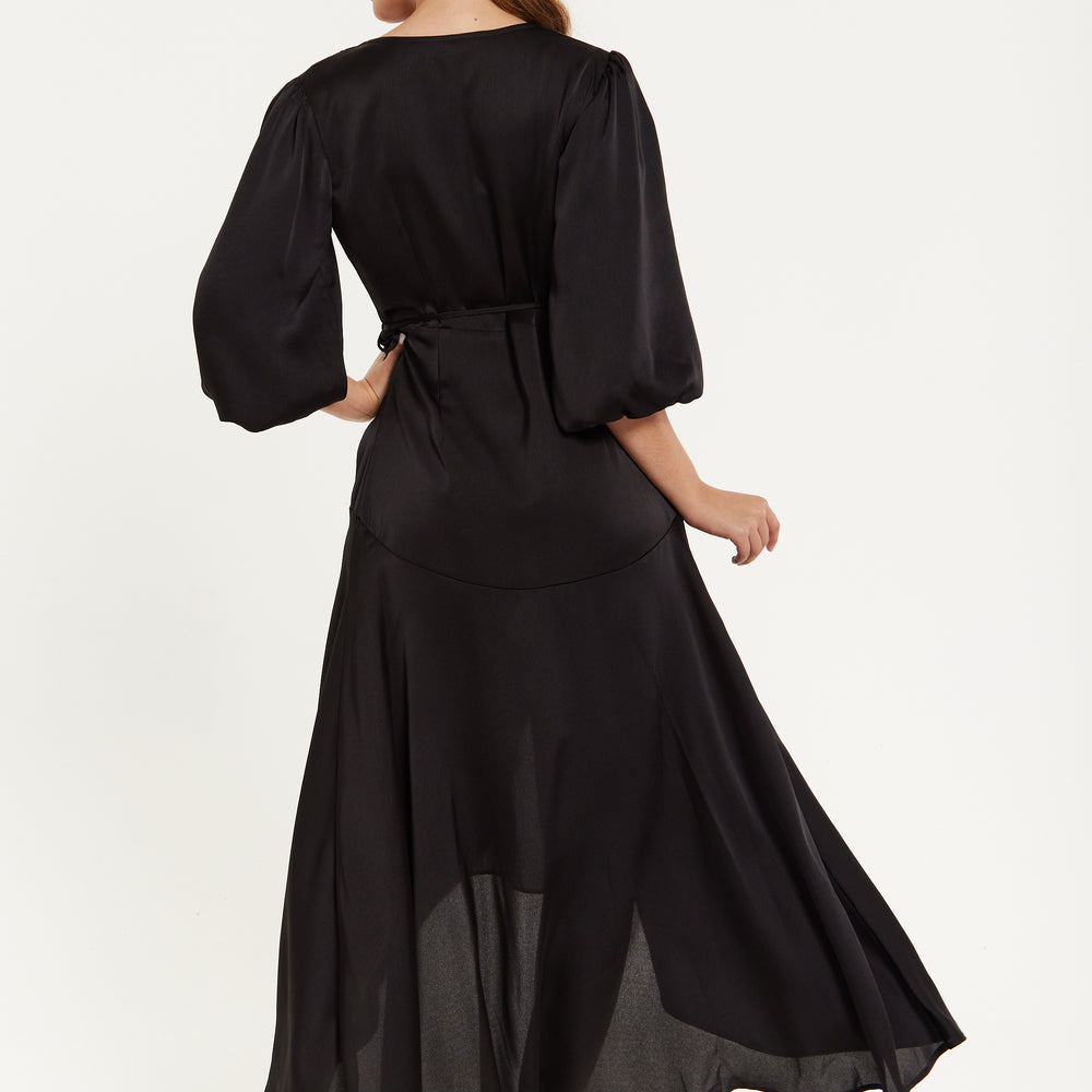 
                  
                    Black Midi Wrap Dress With Puff Sleeves
                  
                