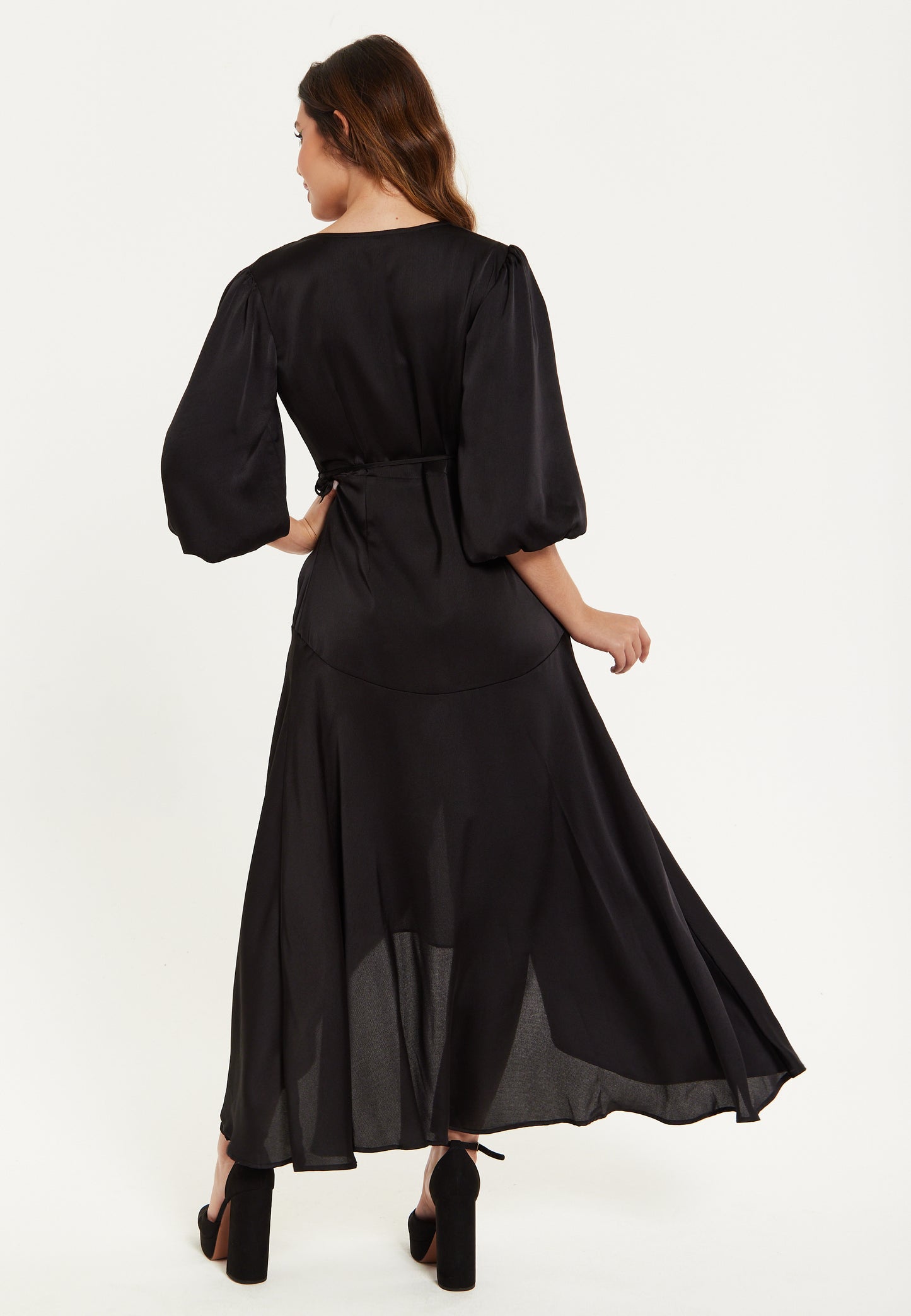 
                  
                    Black Midi Wrap Dress With Puff Sleeves
                  
                