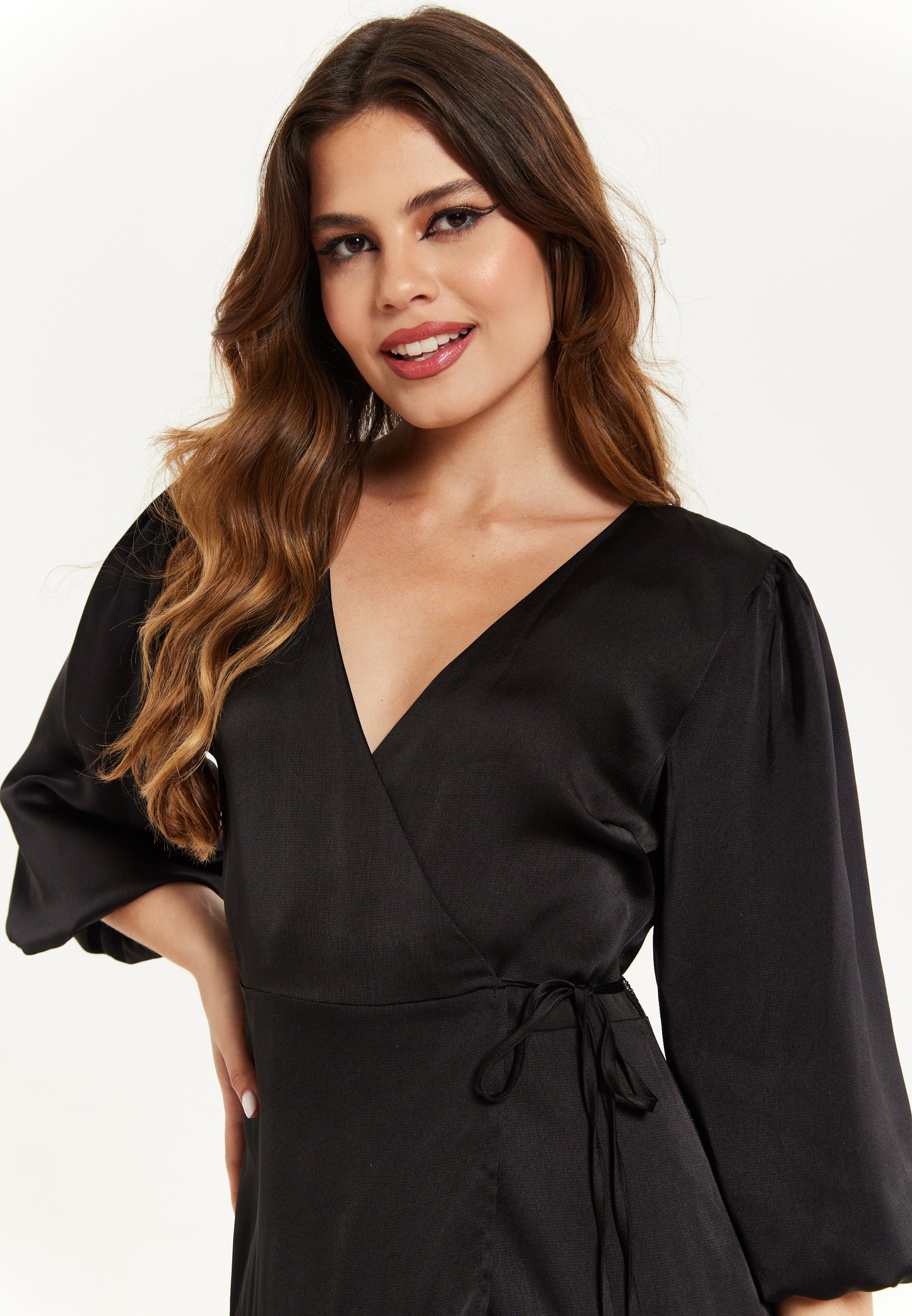 
                  
                    Black Midi Wrap Dress With Puff Sleeves
                  
                