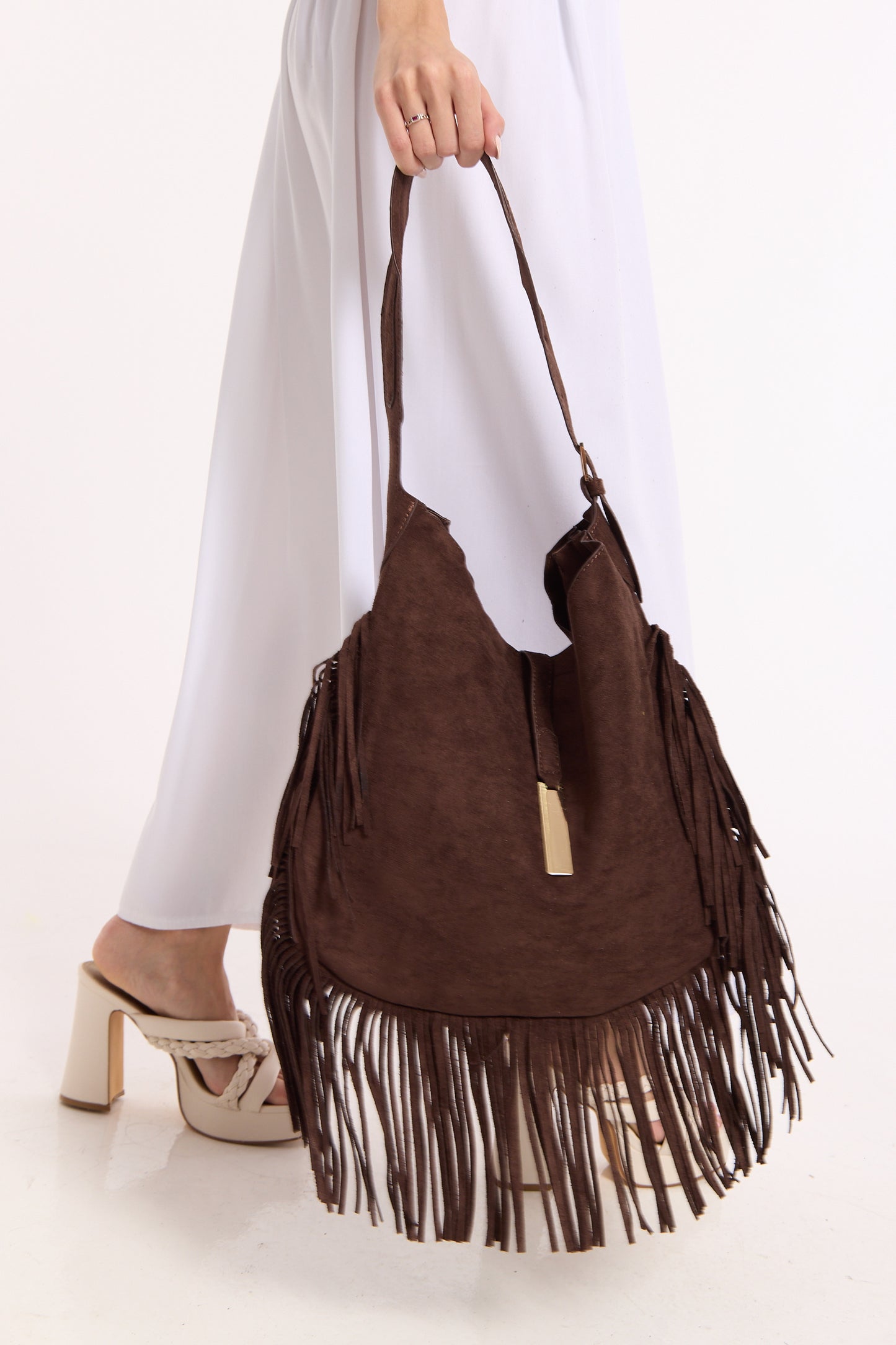 
                  
                    Chocolate Suede Fringe Hobo Bag
                  
                