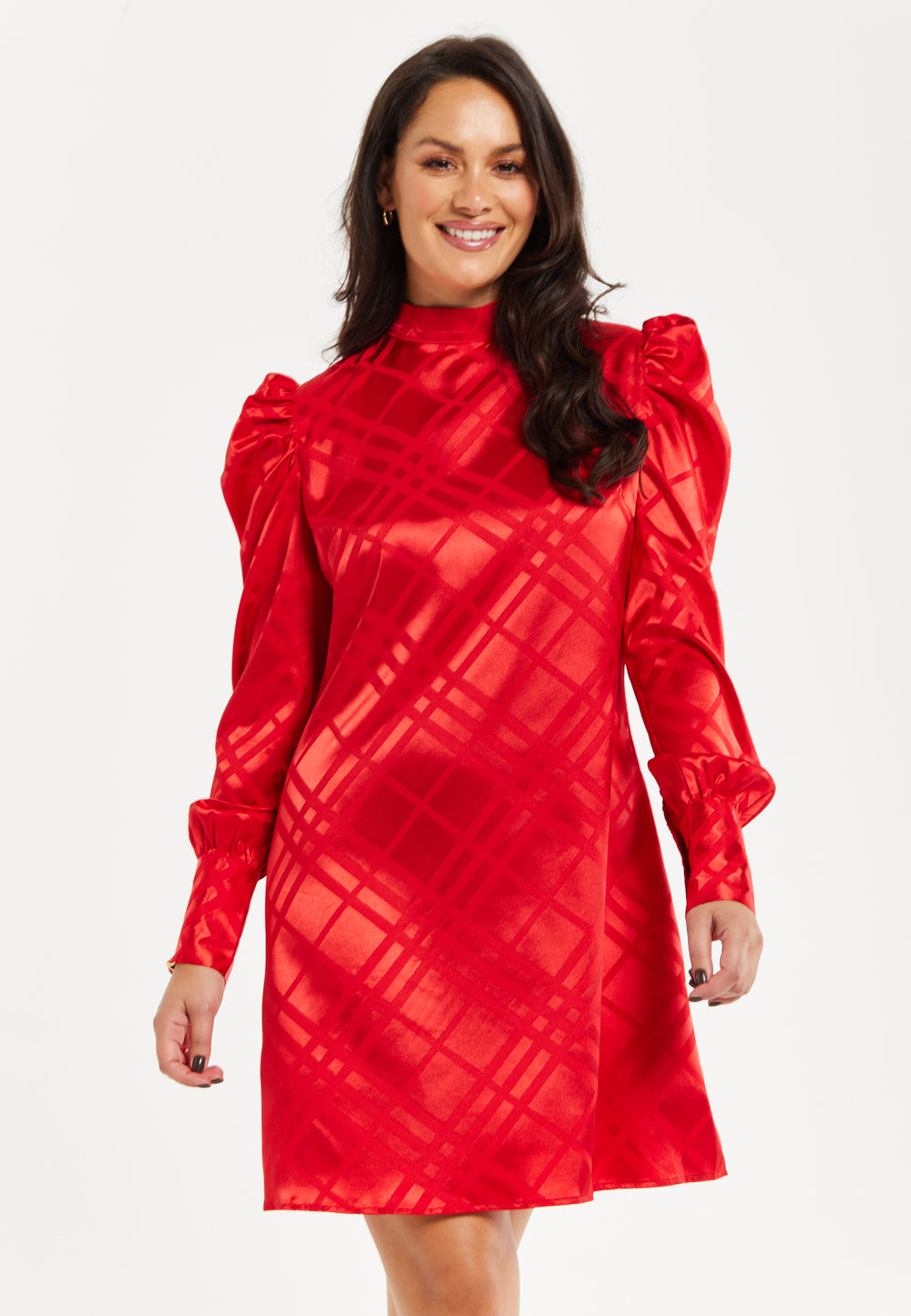 Women's Mini Dress in Red with High Neck, Puff Sleeves, and Check Jacquard Design - Liquorish