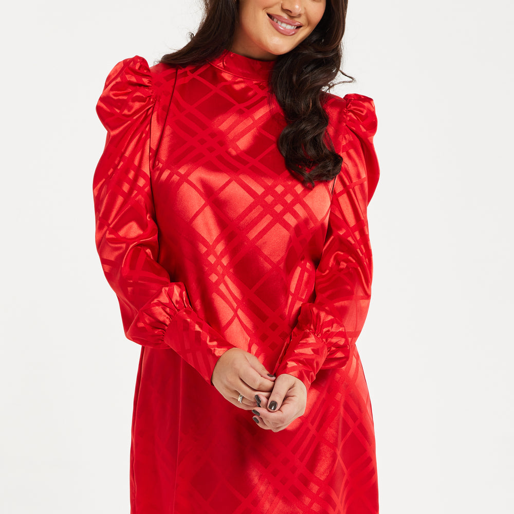 
                  
                    Women's Mini Dress in Red with High Neck, Puff Sleeves, and Check Jacquard Design - Liquorish
                  
                