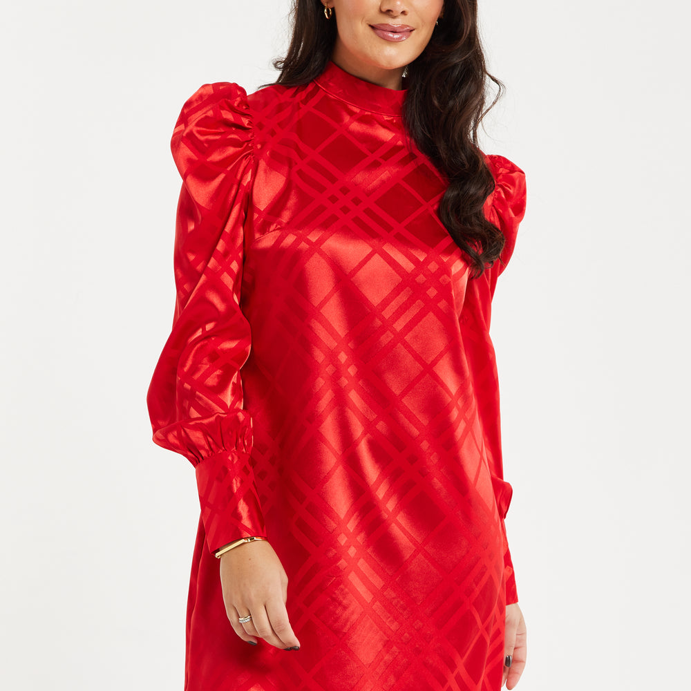 
                  
                    Women's Mini Dress in Red with High Neck, Puff Sleeves, and Check Jacquard Design - Liquorish
                  
                