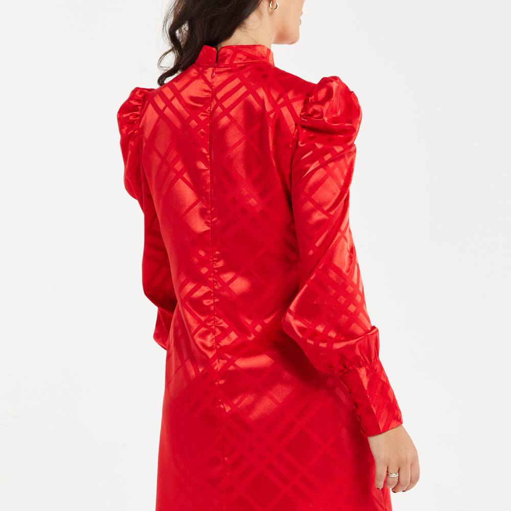 
                  
                    Women's Mini Dress in Red with High Neck, Puff Sleeves, and Check Jacquard Design - Liquorish
                  
                